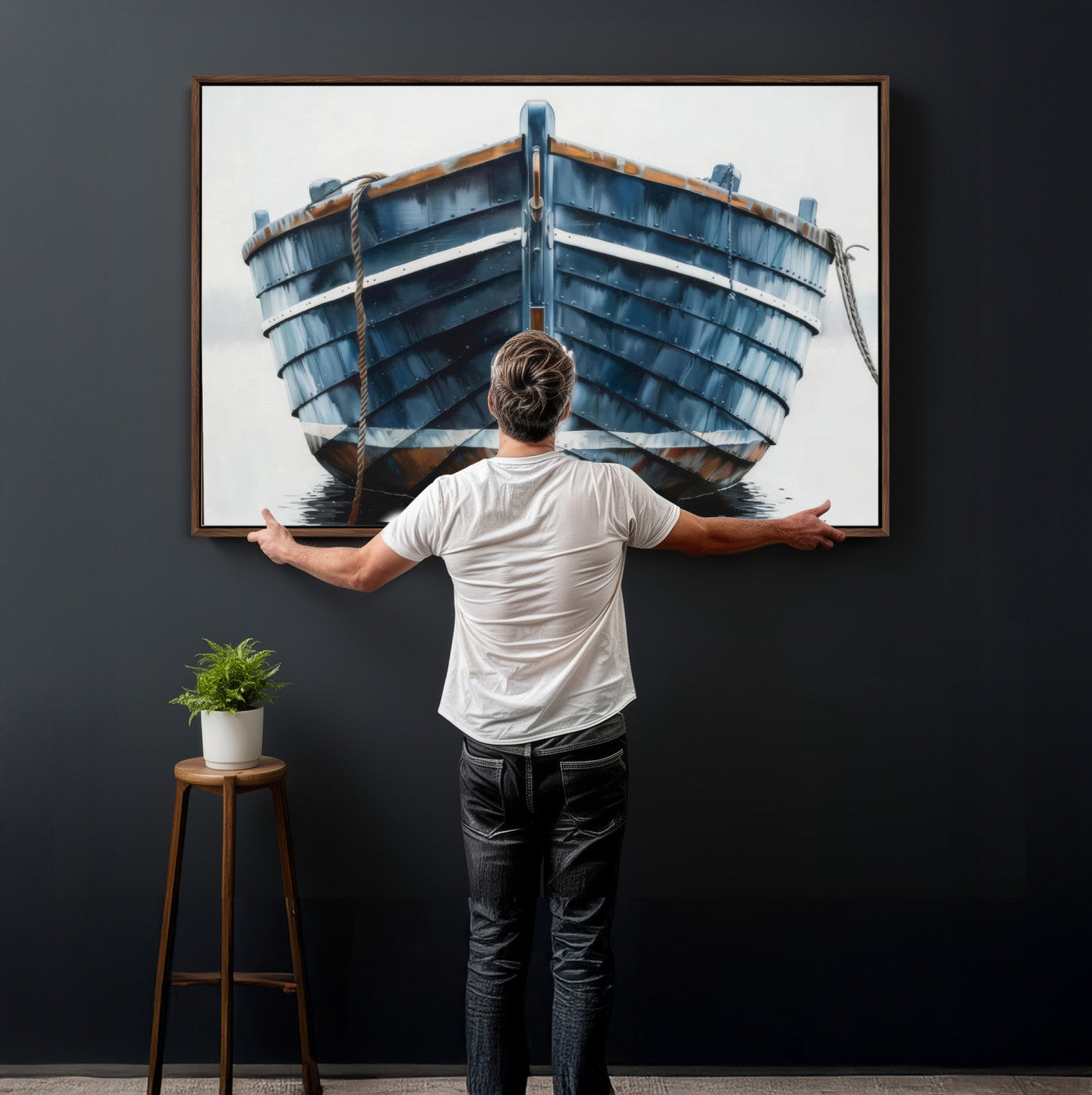 21601740-MGV-CV-36X24 - Blue Wooden Rowboat Canvas Wall Art, Coastal Nautical Boat Painting Print for Lake Beach House Decor, Minimalist Maritime Decor Artwork