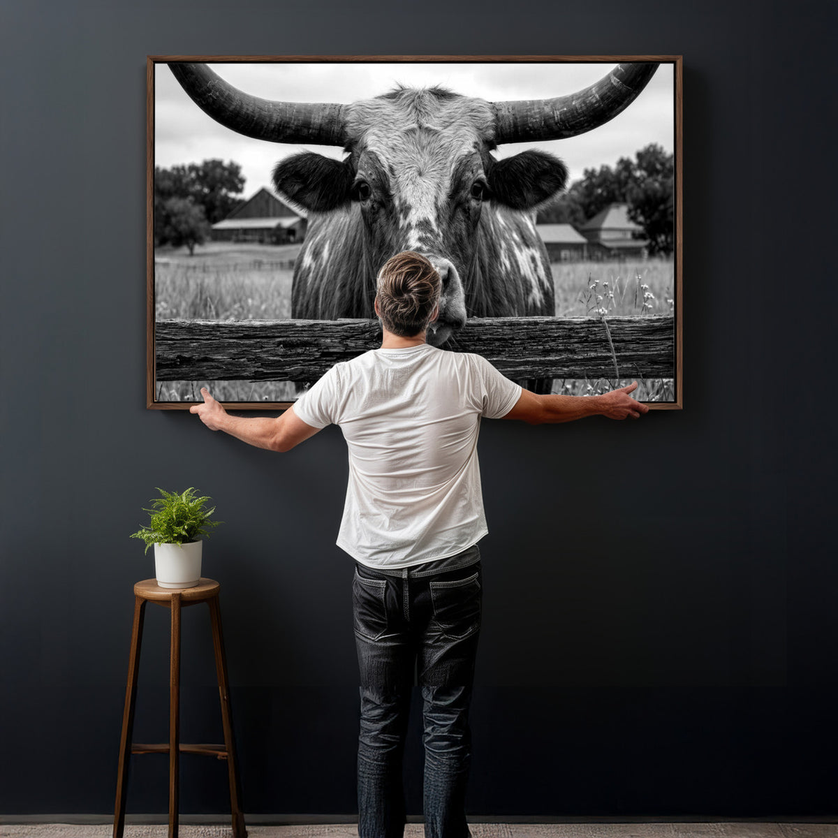59378683B-MGV-CV-36X24 - Black White Texas Longhorn Bull Canvas Wall Art, Western Ranch Cattle Photography Print, Rustic Farmhouse Cowboy Decor Artwork