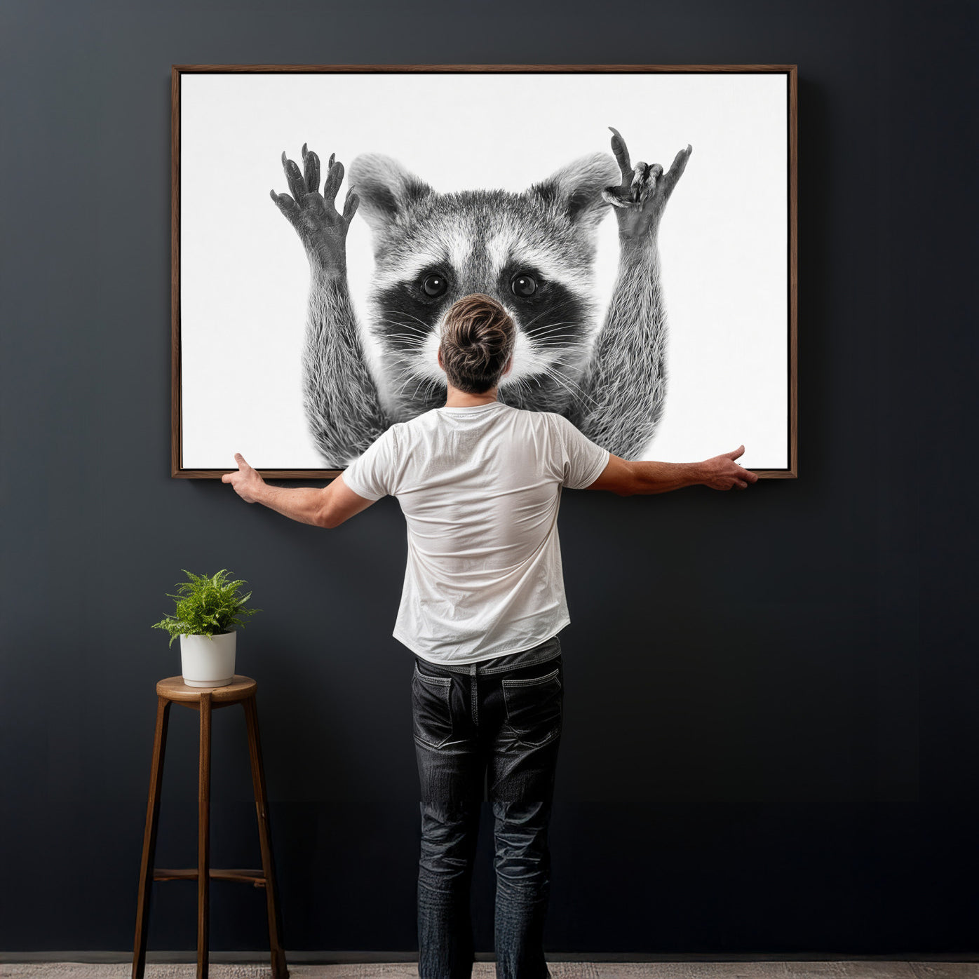 82392228-MGV-CV-36X24 - Funny Raccoon Canvas Wall Art, Black White Hands Up Animal Photo Print, Humorous Wildlife Decor, Kids Room Nursery Art, Quirky Animal Gift
