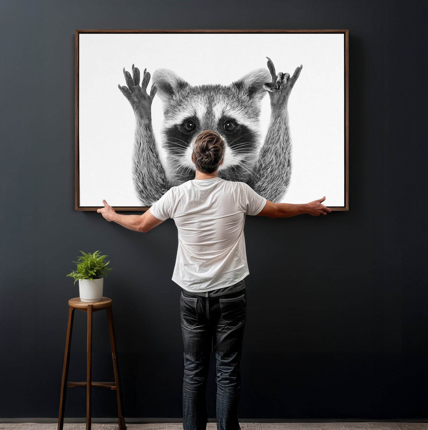 82392228-MGV-CV-36X24 - Funny Raccoon Canvas Wall Art, Black White Hands Up Animal Photo Print, Humorous Wildlife Decor, Kids Room Nursery Art, Quirky Animal Gift