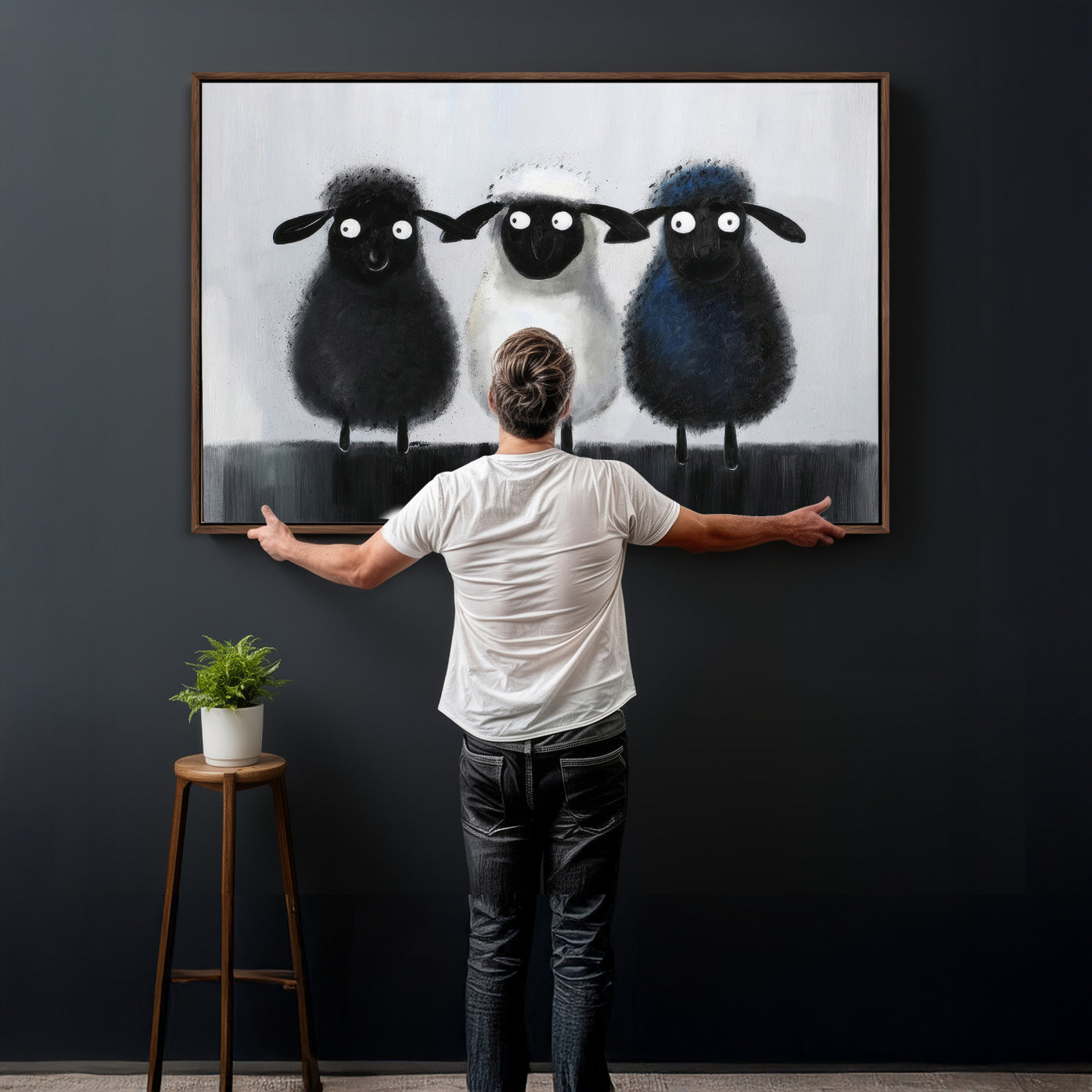 45650028-MGV-CV-36X24 - Funny Sheep Canvas Wall Art, Three Quirky Sheep Painting Print, Cute Animal Nursery Decor, Black White Navy Farmhouse Art, Kids Room Gift