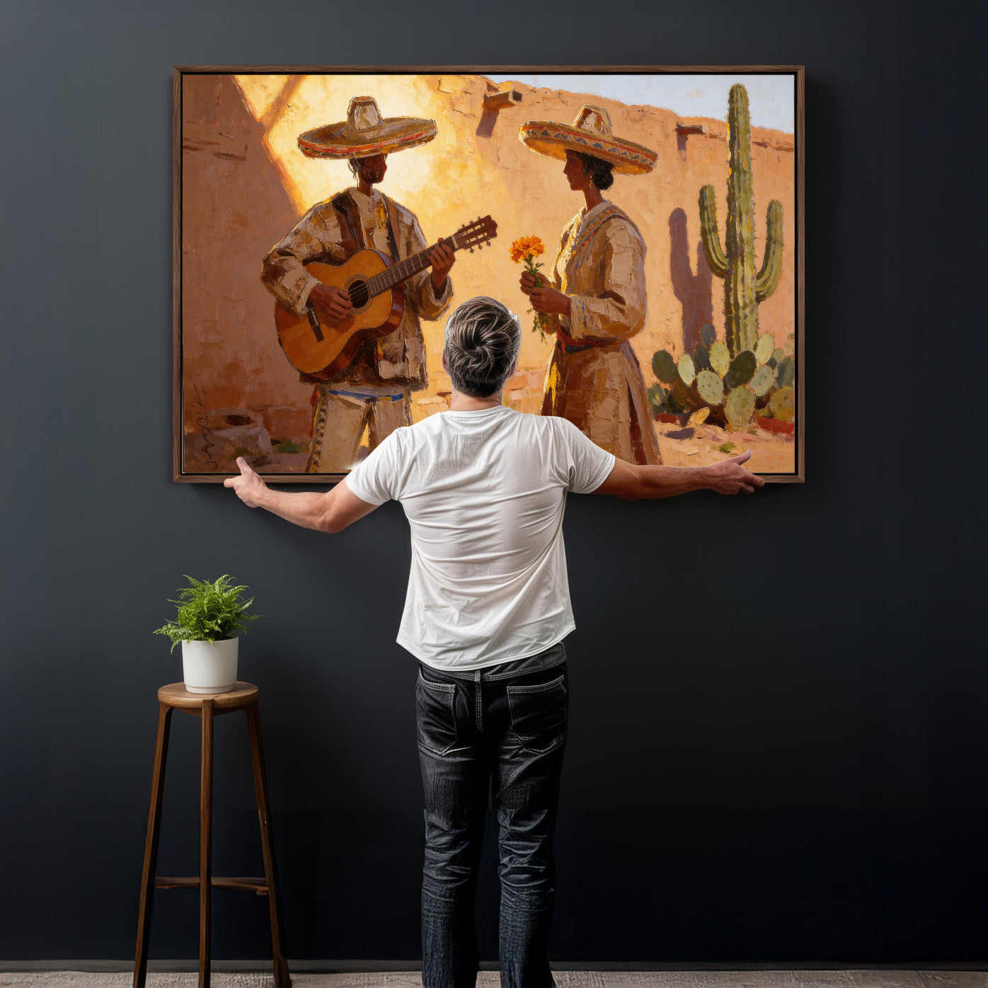 41849005-MGV-CV-36X24 - Mexican Couple Canvas Wall Art, Romantic Serenade Guitar Painting Print, Southwestern Desert Adobe Decor, Warm Golden Folk Art, Living Room Art