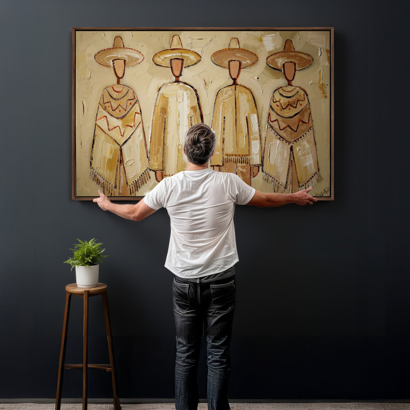 46071653-MGV-CV-36X24 - Mexican Folk Art Canvas Wall Art, Charro Poncho Sombrero Painting Print, Neutral Beige Boho Decor, Southwestern Impasto Style, Living Room Art