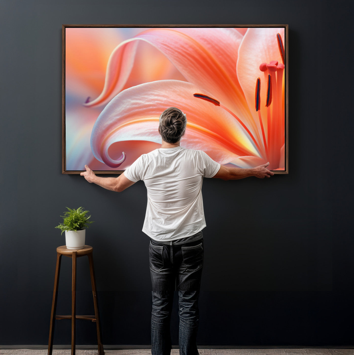 69566231-MGV-CV-36X24 - Peach Lily Canvas Wall Art, Coral Pink Flower Macro Photo Print, Botanical Bedroom Decor, Soft Floral Photography, Living Room Wall Art