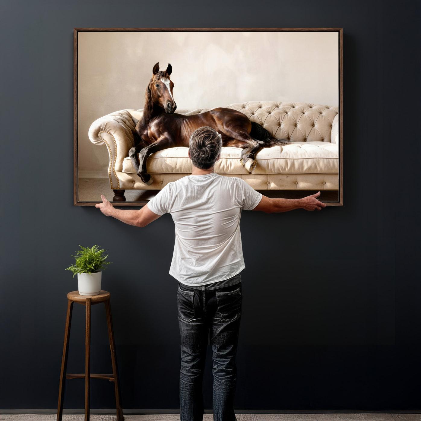 17716841-MGV-CV-36X24 - Funny Horse on Sofa Canvas Wall Art, Quirky Horse Lounging Photo Print, Whimsical Animal Decor, Living Room Conversation Art, Horse Lover Gift
