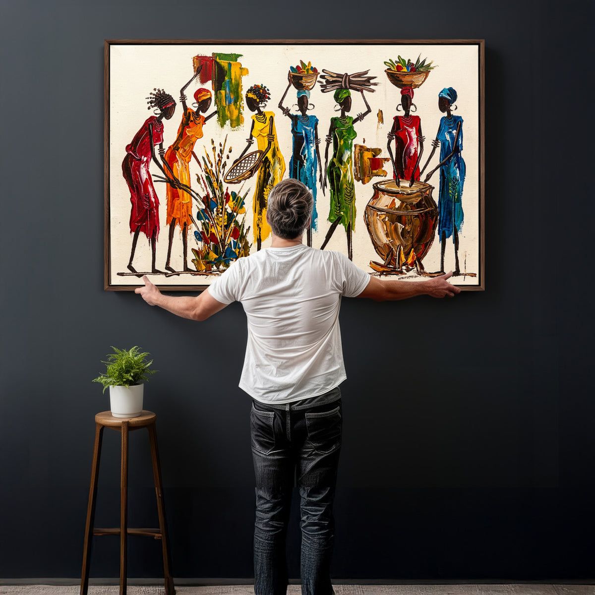 83463154-MGV-CV-36X24 - African Folk Art Canvas Wall Art, Colorful African Women Village Painting Print, Tribal Ethnic Home Decor, Vibrant African Art, Living Room