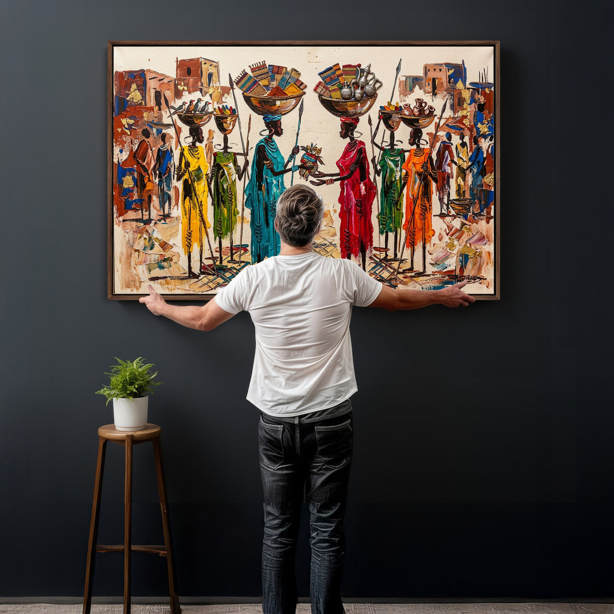 54818657-MGV-CV-36X24 - African Folk Art Canvas Wall Art, Colorful African Women Village Painting Print, Tribal Ethnic Home Decor, Vibrant African Art, Living Room