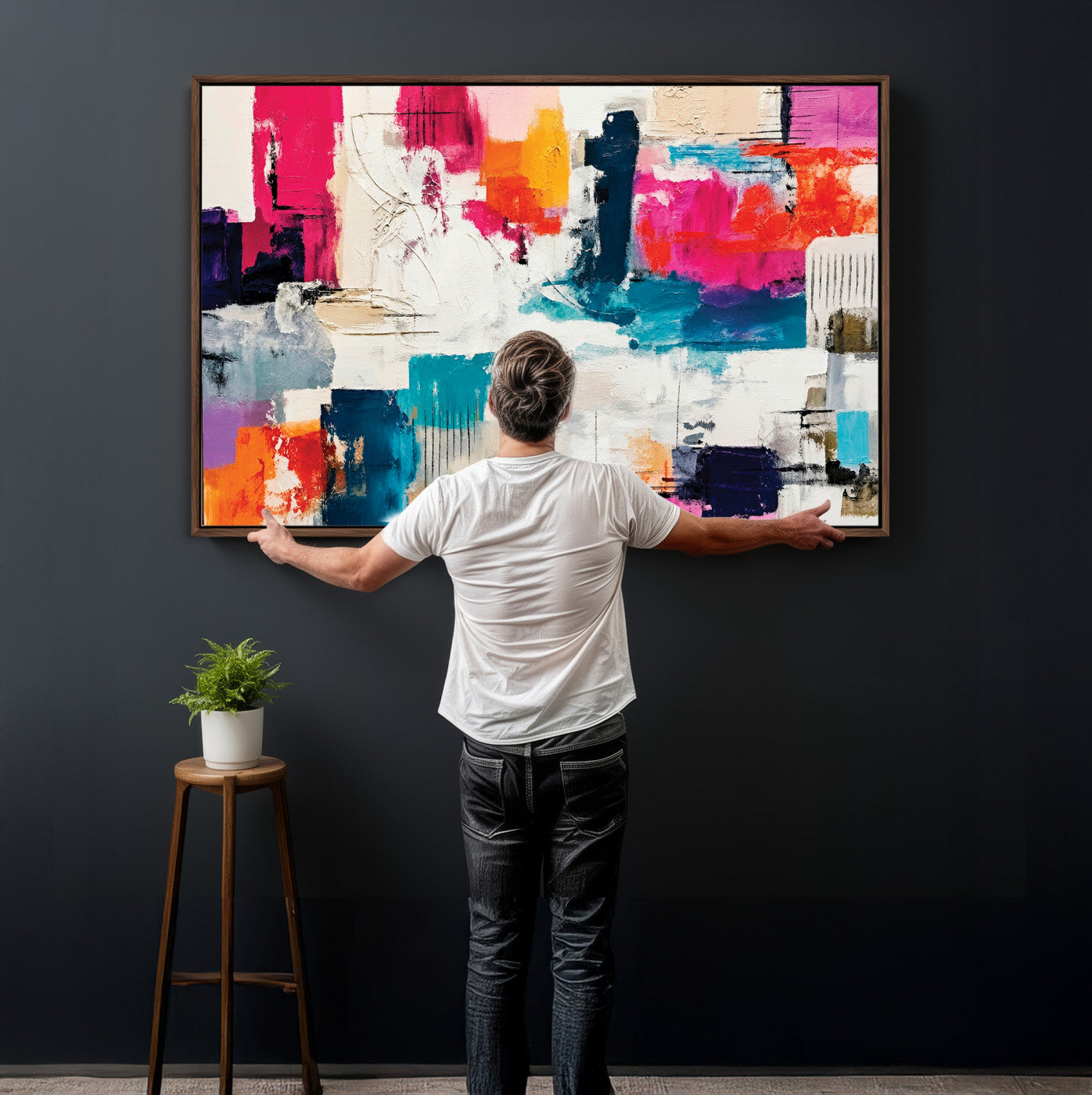 57864023-MGV-CV-36X24 - Blue Teal Abstract Canvas Wall Art | Modern Textured Painting Print, Navy Orange White Contemporary Art, Neutral Living Room Decor, Office Art