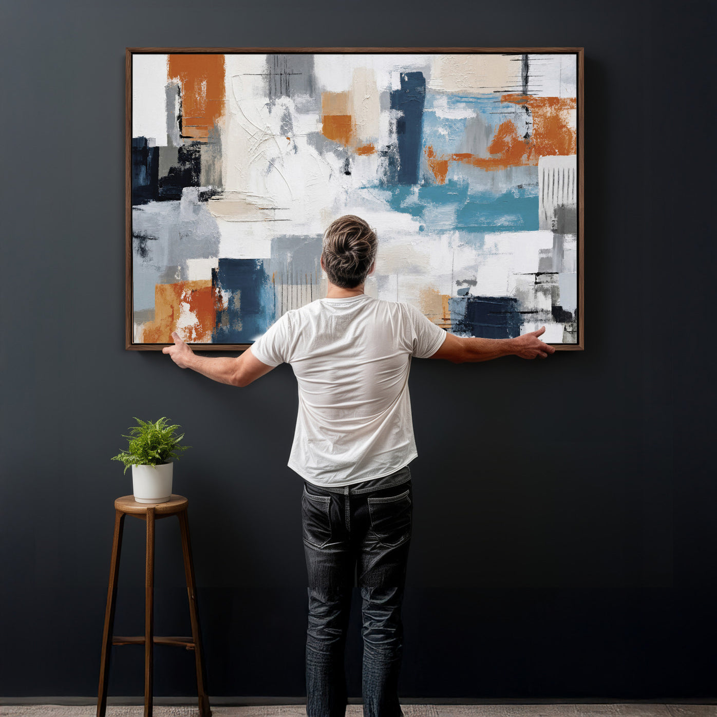 44950303-MGV-CV-36X24 - Blue Teal Abstract Canvas Wall Art, Modern Textured Painting Print, Navy Orange White Contemporary Art, Neutral Living Room Decor, Office Art