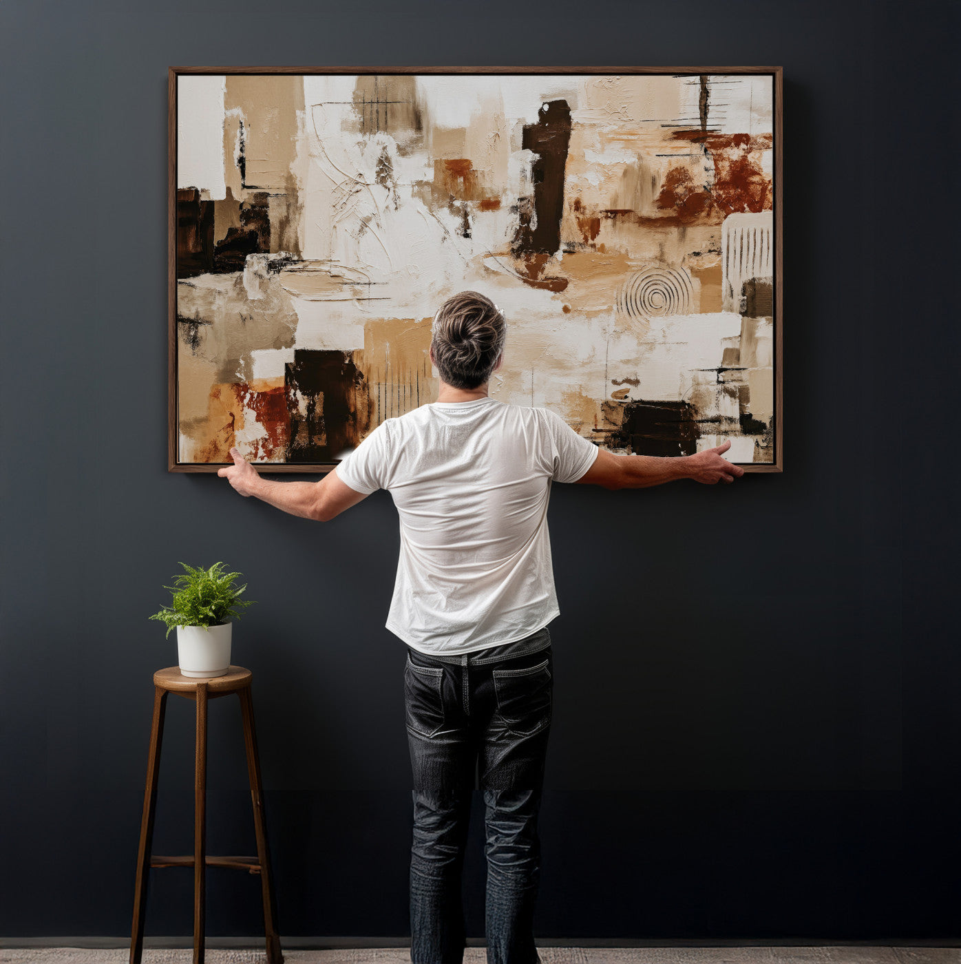 26560159-MGV-CV-36X24 - Blue Teal Abstract Canvas Wall Art, Modern Textured Painting Print, Navy Orange White Contemporary Art, Neutral Living Room Decor, Office Art