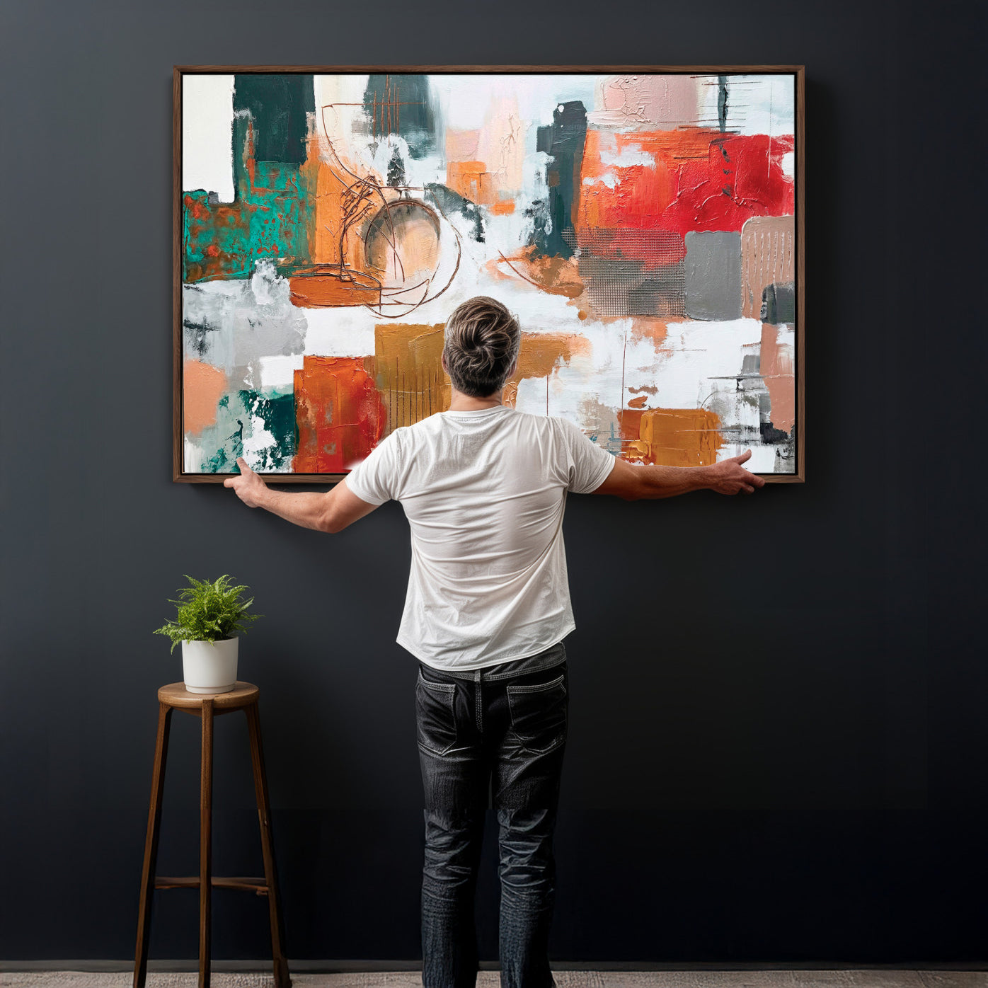 50720312-MGV-CV-36X24 - Blue Teal Abstract Canvas Wall Art | Modern Textured Painting Print, Navy Orange White Contemporary Art, Neutral Living Room Decor, Office Art.