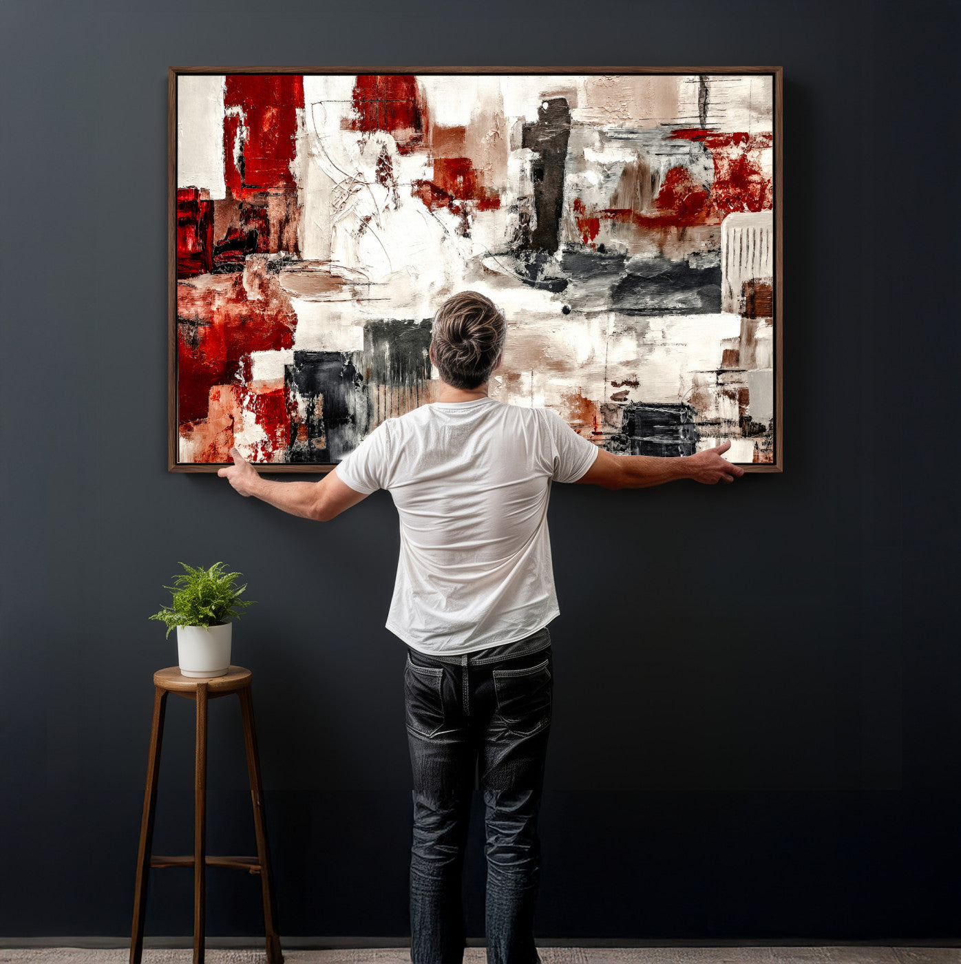 53022468-MGV-CV-36X24 - Blue Teal Abstract Canvas Wall Art, Modern Textured Painting Print, Navy Orange White Contemporary Art, Neutral Living Room Decor, Office Art