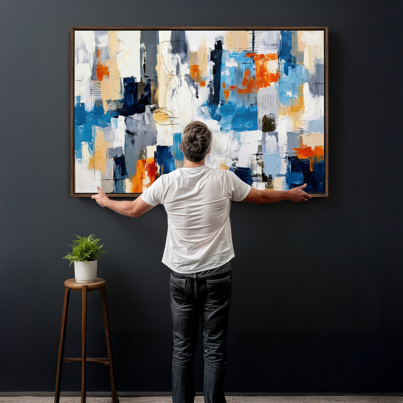 83915061-MGV-CV-36X24 - Blue Teal Abstract Canvas Wall Art, Modern Textured Painting Print, Navy Orange White Contemporary Art, Neutral Living Room Decor, Office Art
