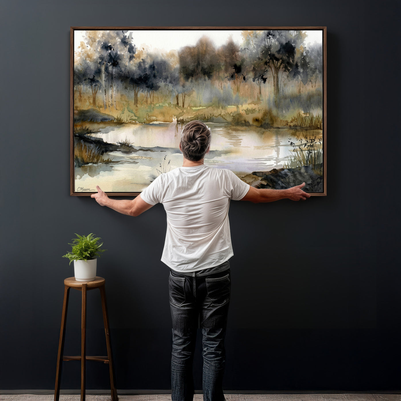 27383609-MGV-CV-36X24 - Abstract Watercolor Autumn Lake Canvas Wall Art Print - Misty Forest Landscape, Rustic Nature Painting, Cabin Wall Decor - Ready to Hang