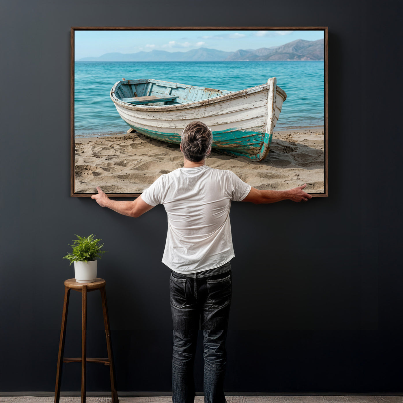 49963709-MGV-CV-36X24 - Coastal Boat Canvas Wall Art Print, Beach Boat Painting, Nautical Ocean Decor, Seascape Wall Art, Ready to Hang
