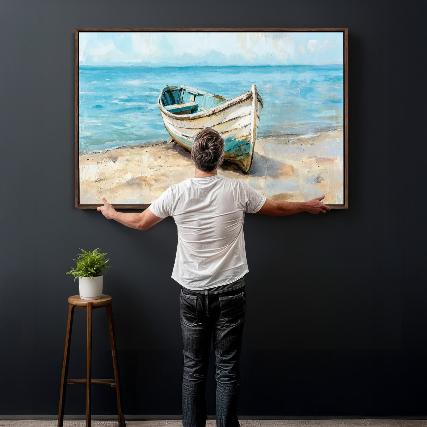 14780565-MGV-CV-36X24 - Coastal Boat Canvas Wall Art Print, Beach Boat Painting, Nautical Ocean Decor, Seascape Wall Art - Ready to Hang