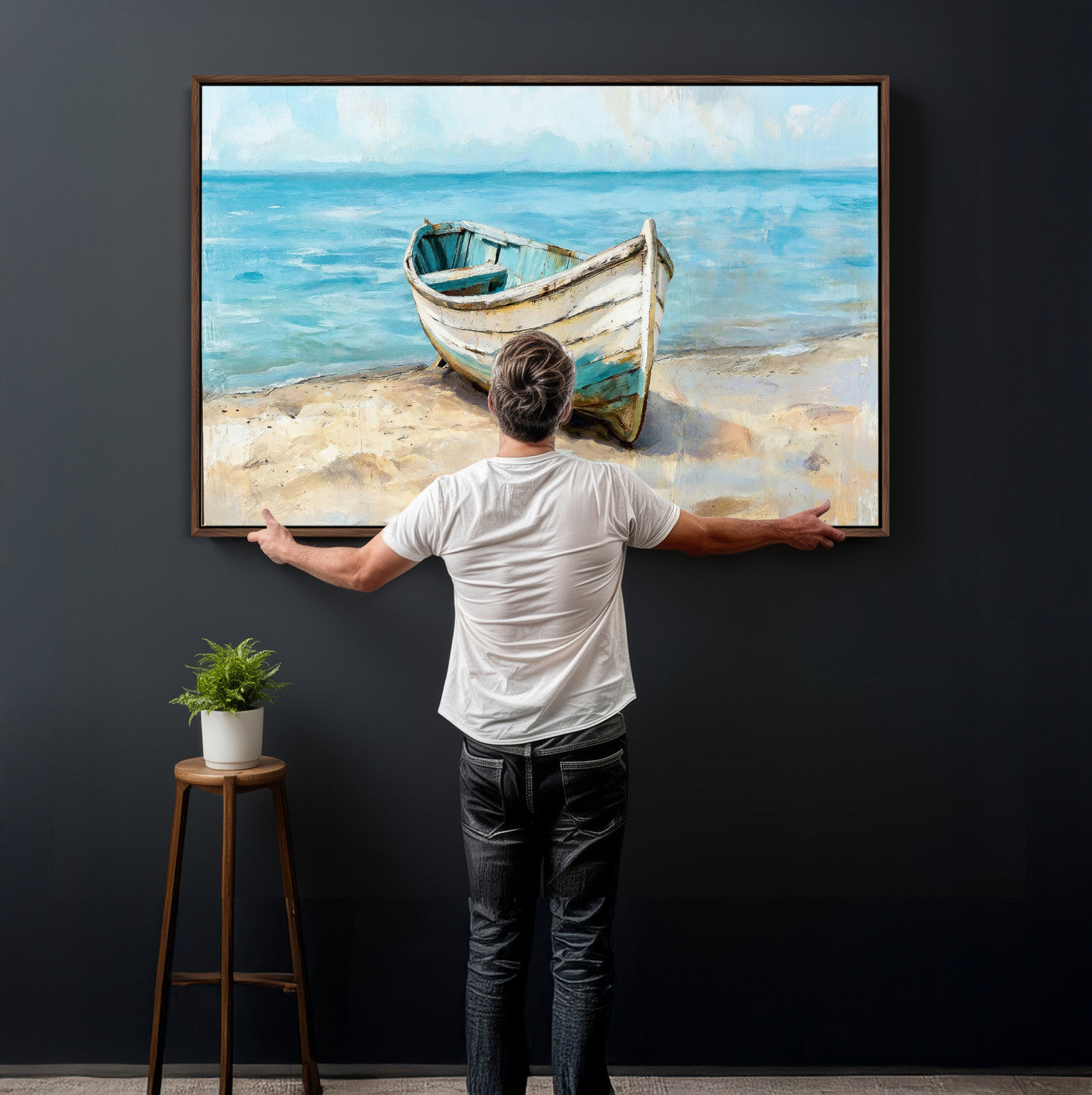 14780565-MGV-CV-36X24 - Coastal Boat Canvas Wall Art Print, Beach Boat Painting, Nautical Ocean Decor, Seascape Wall Art - Ready to Hang
