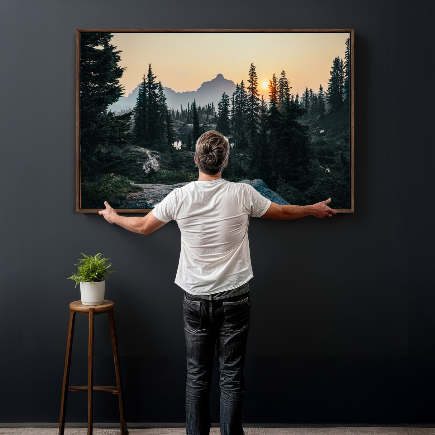 89996020-MGV-CV-36X24 - Mountain Forest Canvas Wall Art Print, Pine Tree Landscape, Sunset Nature Photography, Wilderness Wall Decor, Ready to Hang
