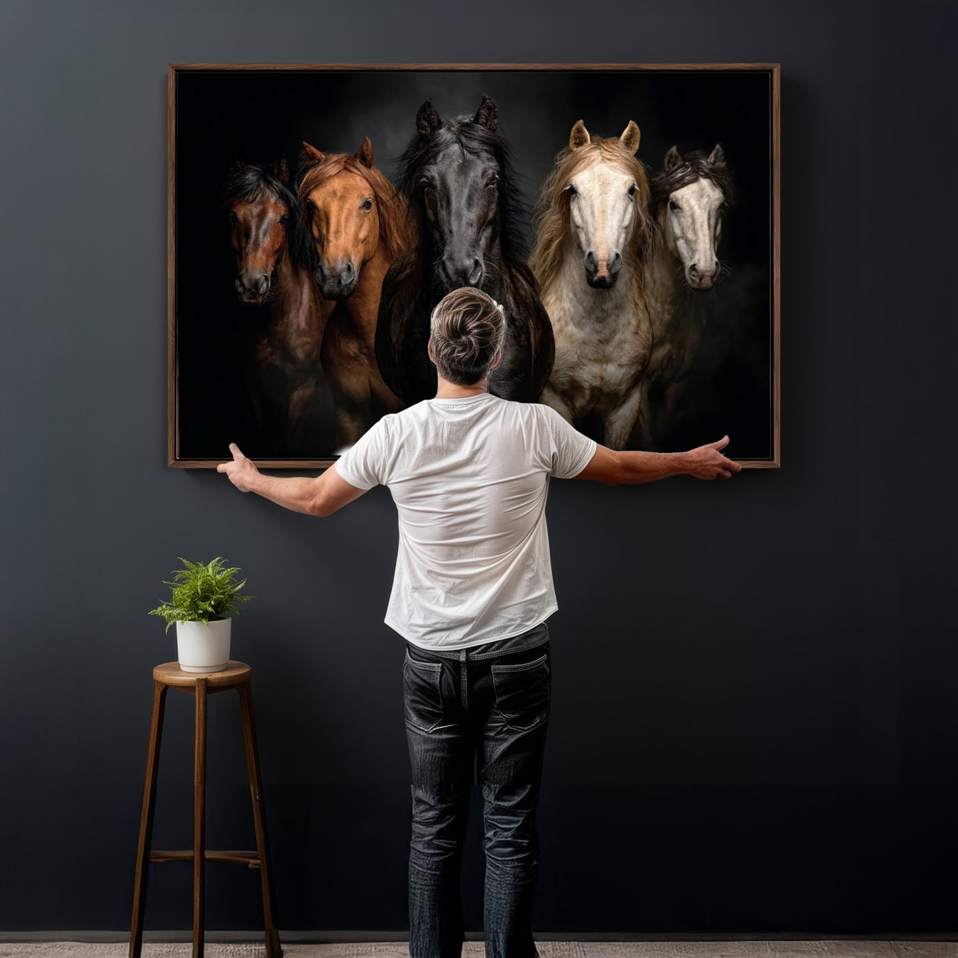 77696206-MGV-CV-36X24 - Horse Wall Art Canvas Print | Wild Horses Portrait Photography, Animal Horse Decor, Black Brown White Horse Herd