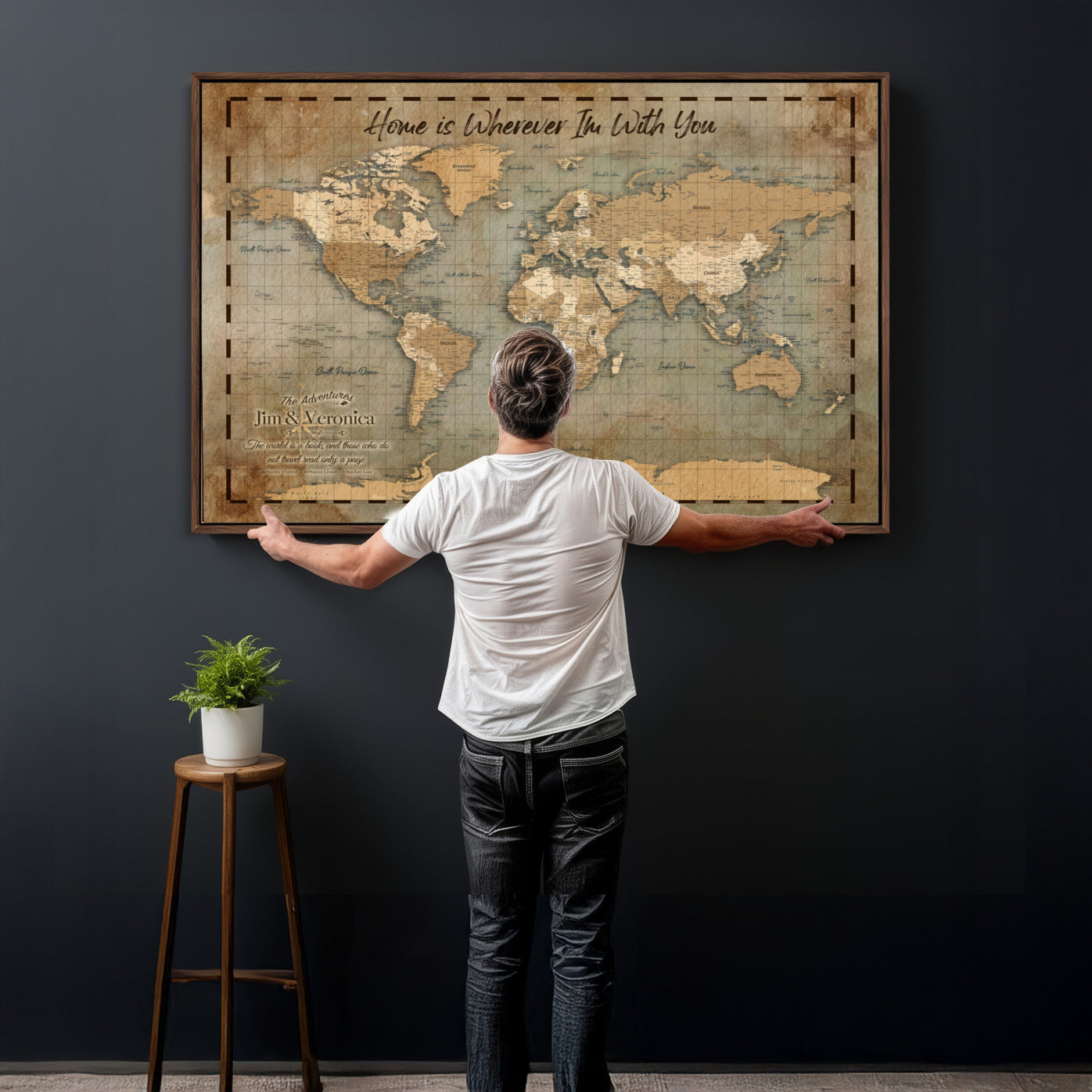 97123877-MGV-CV-36X24 - Vintage Custom Push Pin World Map, Vintage Travel Map Canvas, Personalized Names Anniversary Gift, Places Visited Pin Board, Couples Adventure Art