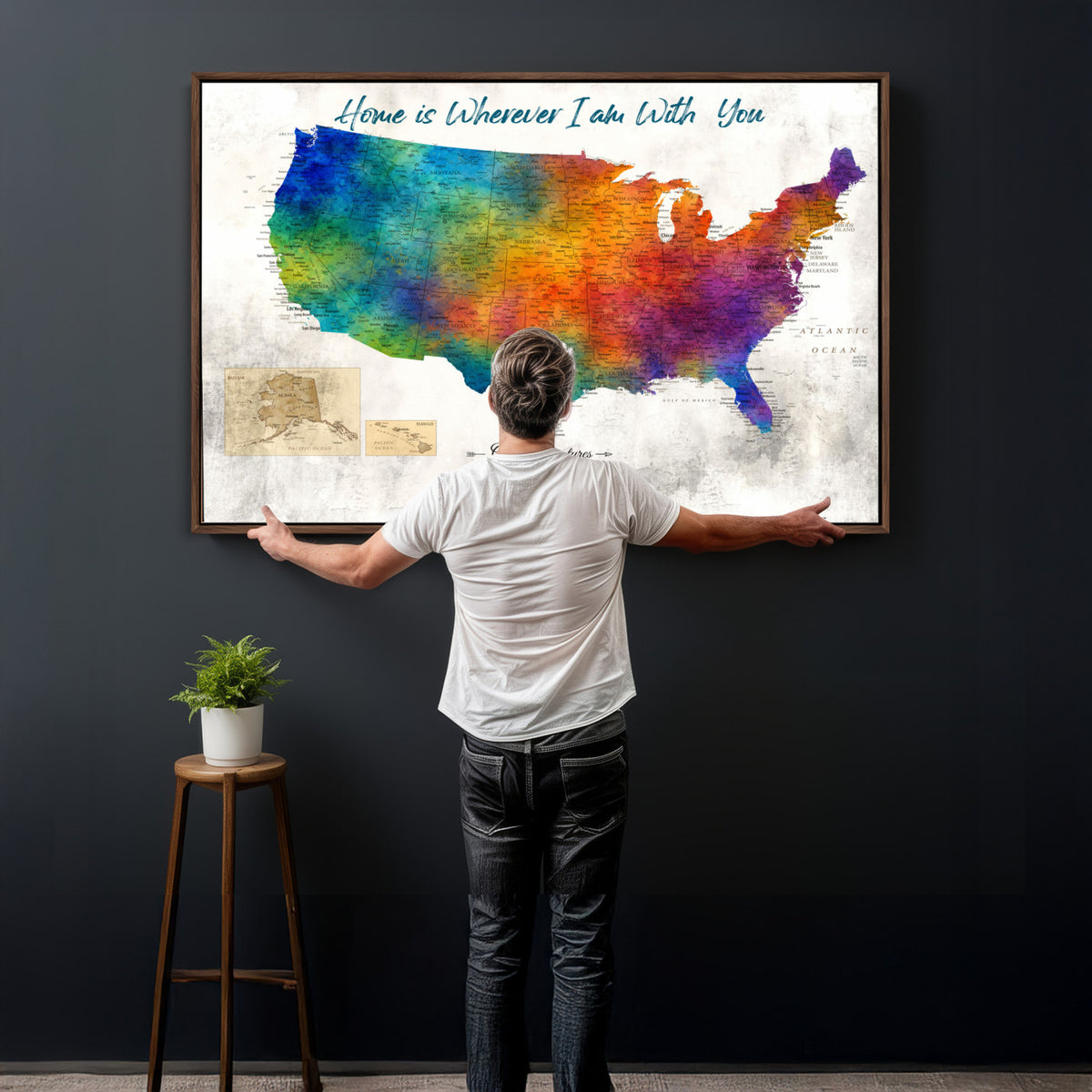 17251793-MGV-CV-36X24 - Watercolor USA Travel Map with Pins Colorful Modern Canvas Wall Art