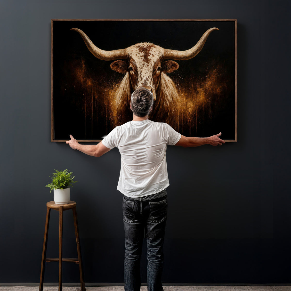 62076449-MGV-CV-36X24 - Texas Bull Cow Longhorn Canvas Wall Art Moody Western Bull Oil Painting Print