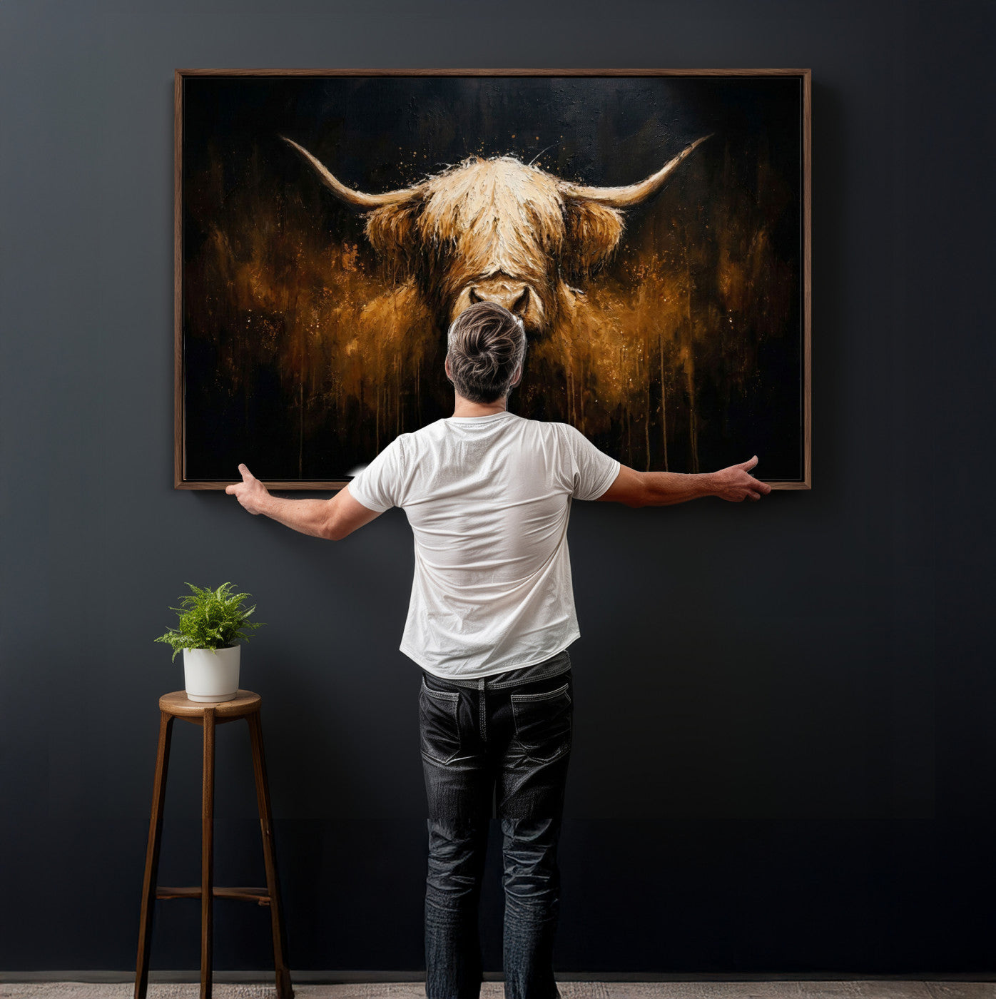 79873059-MGV-CV-36X24 - Rustic Highland Cow Canvas Print Dark Farmhouse Cattle Wall Decor
