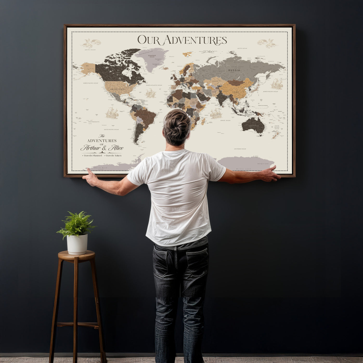 58777746A-MGV-CV-36X24 - Push Pin Customize World Map Wall Art Canvas Print, Modern Decorative Framed Map Artwork Prints for Living Room, Office, Bedroom Wall Decor