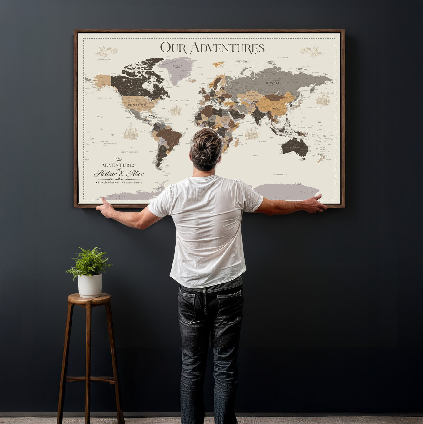 58777746A-MGV-CV-36X24 - Push Pin Customize World Map Wall Art Canvas Print, Modern Decorative Framed Map Artwork Prints for Living Room, Office, Bedroom Wall Decor