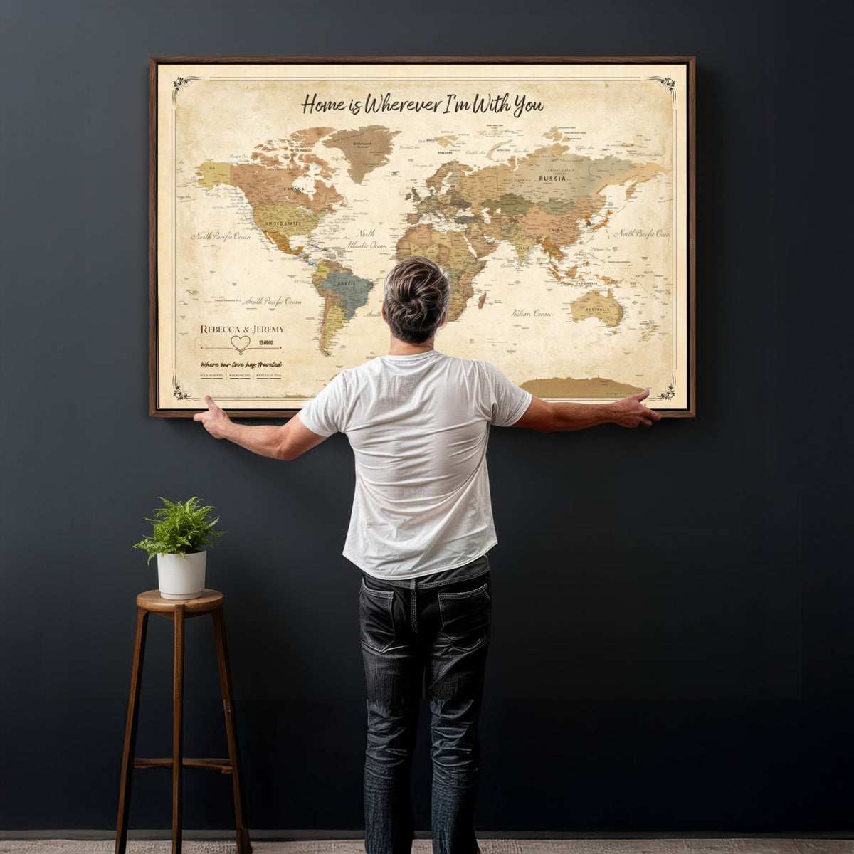 40086165-MGV-TP-30X20 - Framed Vintage Custom Push Pin World Map Canvas Print – Personalized Travel Map Wall Art