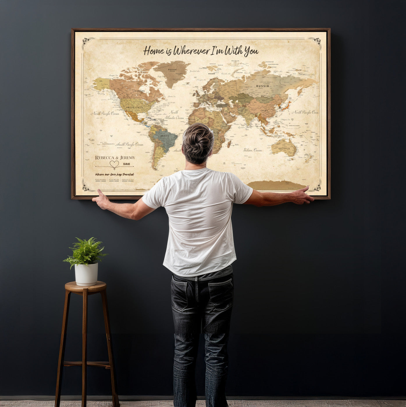 40086165-MGV-TP-30X20 - Framed Vintage Custom Push Pin World Map Canvas Print – Personalized Travel Map Wall Art