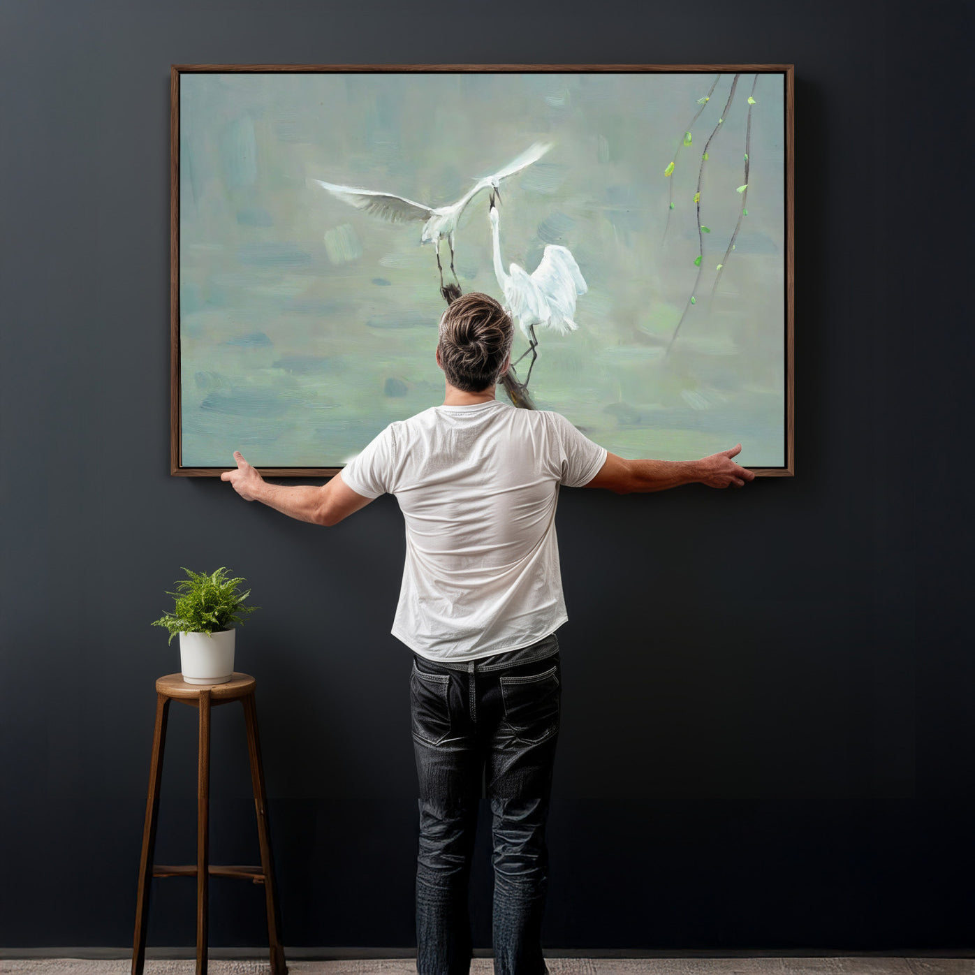 91124838-MGV-CV-36X24 - Two White Egrets on Marsh Branch Wall Art Canvas Print - Vintage Style Coastal Bird Poster
