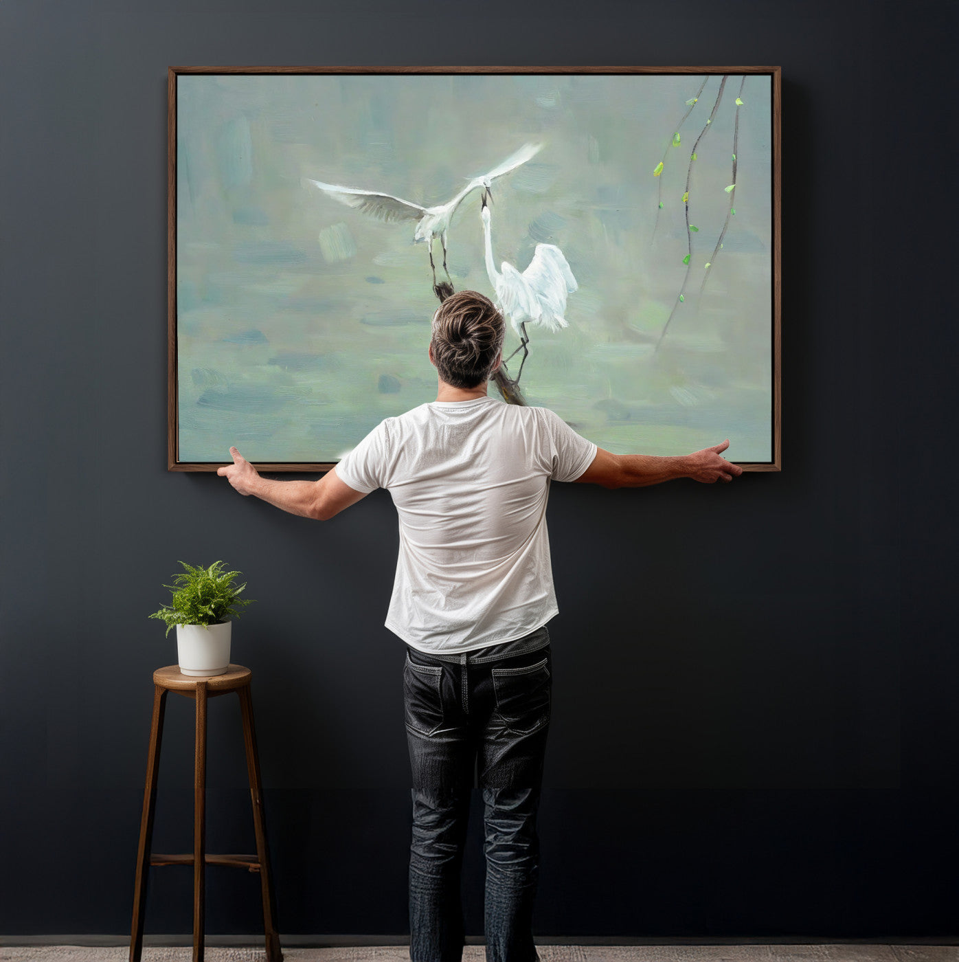 91124838-MGV-CV-36X24 - Two White Egrets on Marsh Branch Wall Art Canvas Print - Vintage Style Coastal Bird Poster