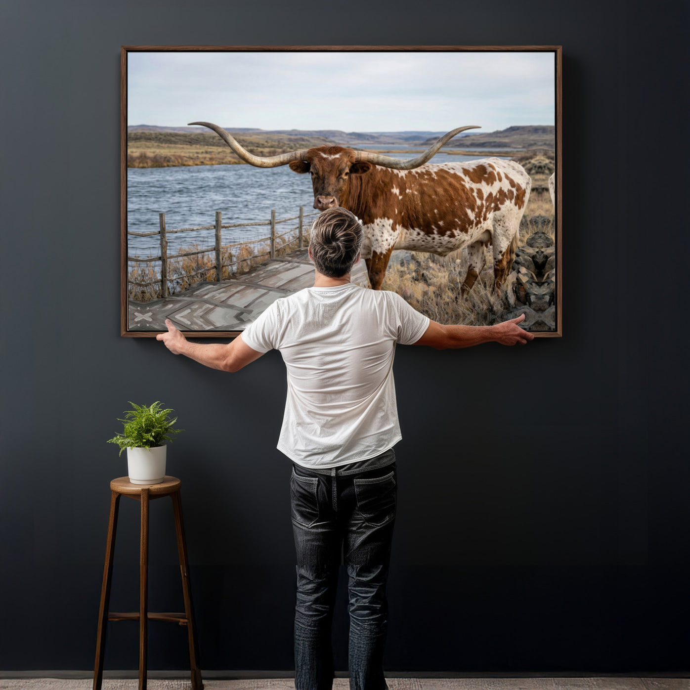 91575949-MGV-CV-36X24 - Texas Longhorn Cattle in Desert Pasture Wall Art Canvas Print - Rustic Western Decor