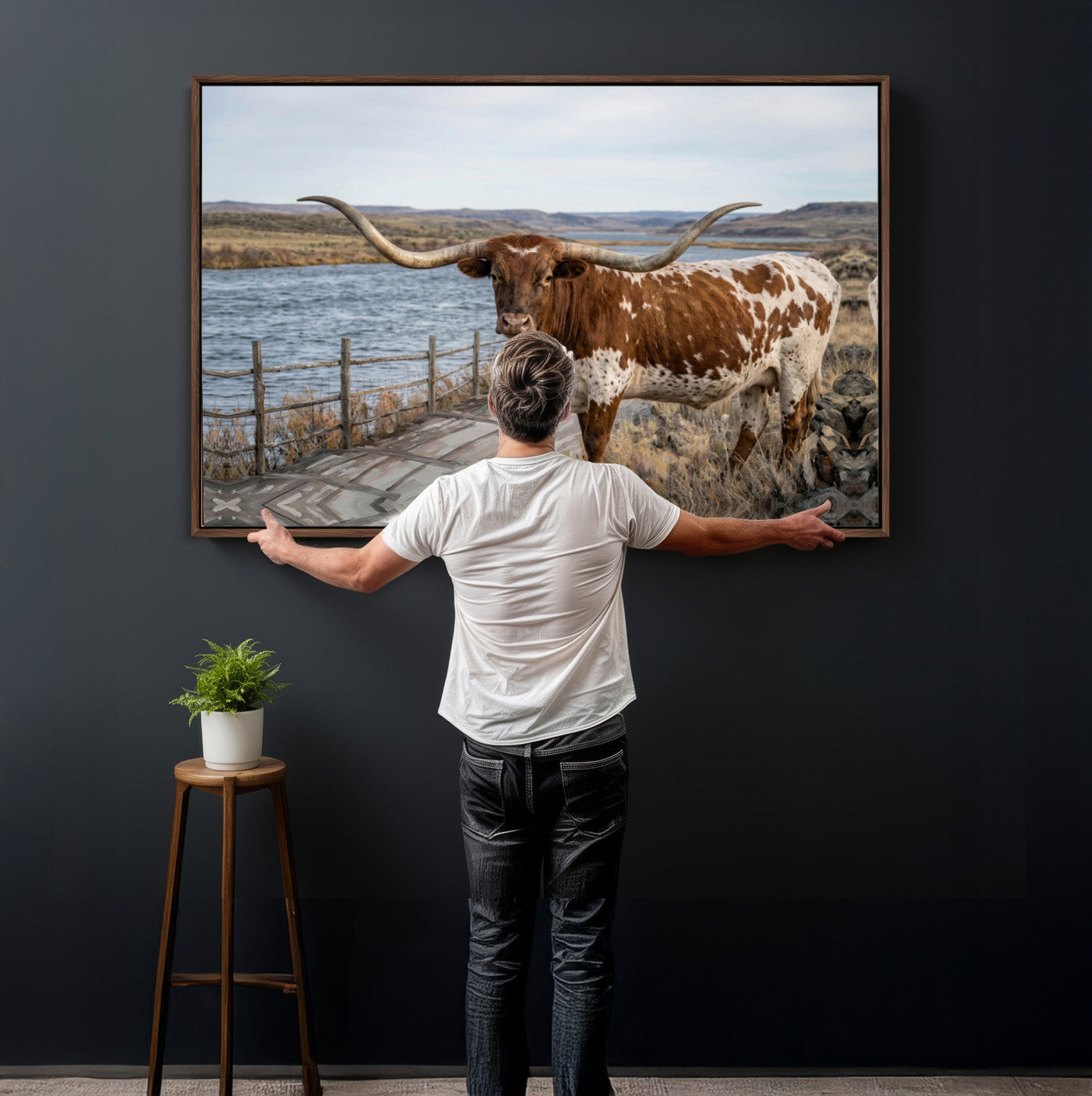 91575949-MGV-CV-36X24 - Texas Longhorn Cattle in Desert Pasture Wall Art Canvas Print - Rustic Western Decor