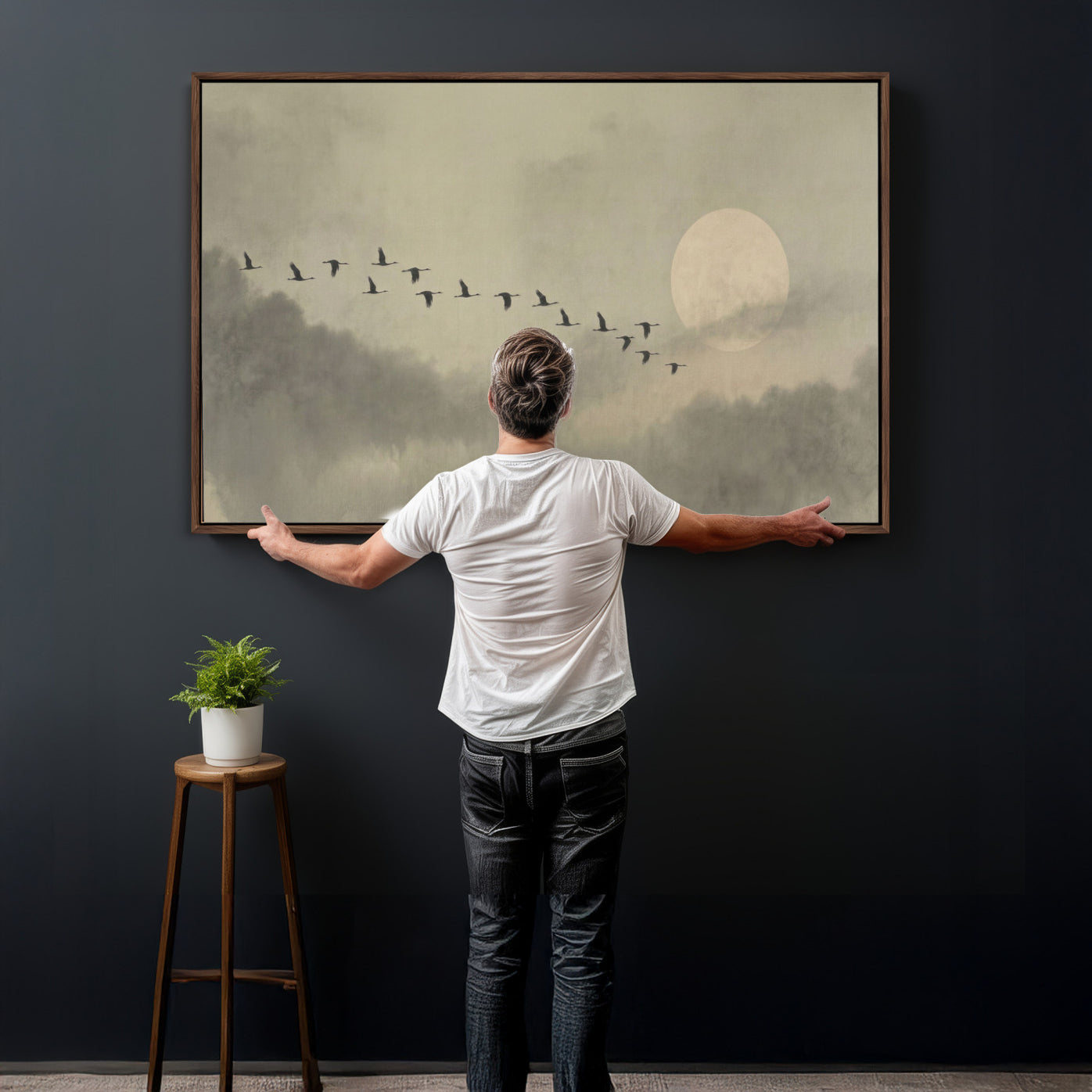 12098149-MGV-CV-36X24 - Flock of Birds Flying to Full Moon Wall Art Canvas Print - Vintage Surreal Clouds Painting