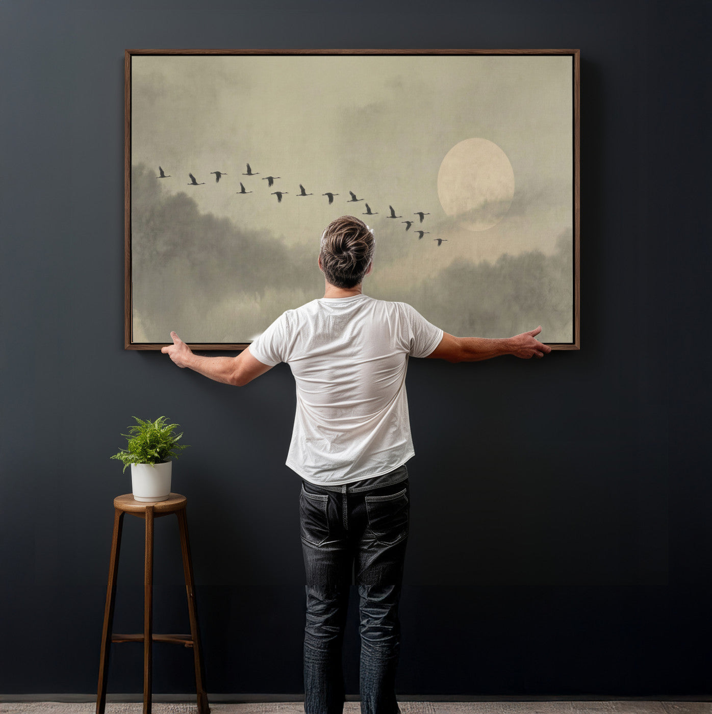12098149-MGV-CV-36X24 - Flock of Birds Flying to Full Moon Wall Art Canvas Print - Vintage Surreal Clouds Painting