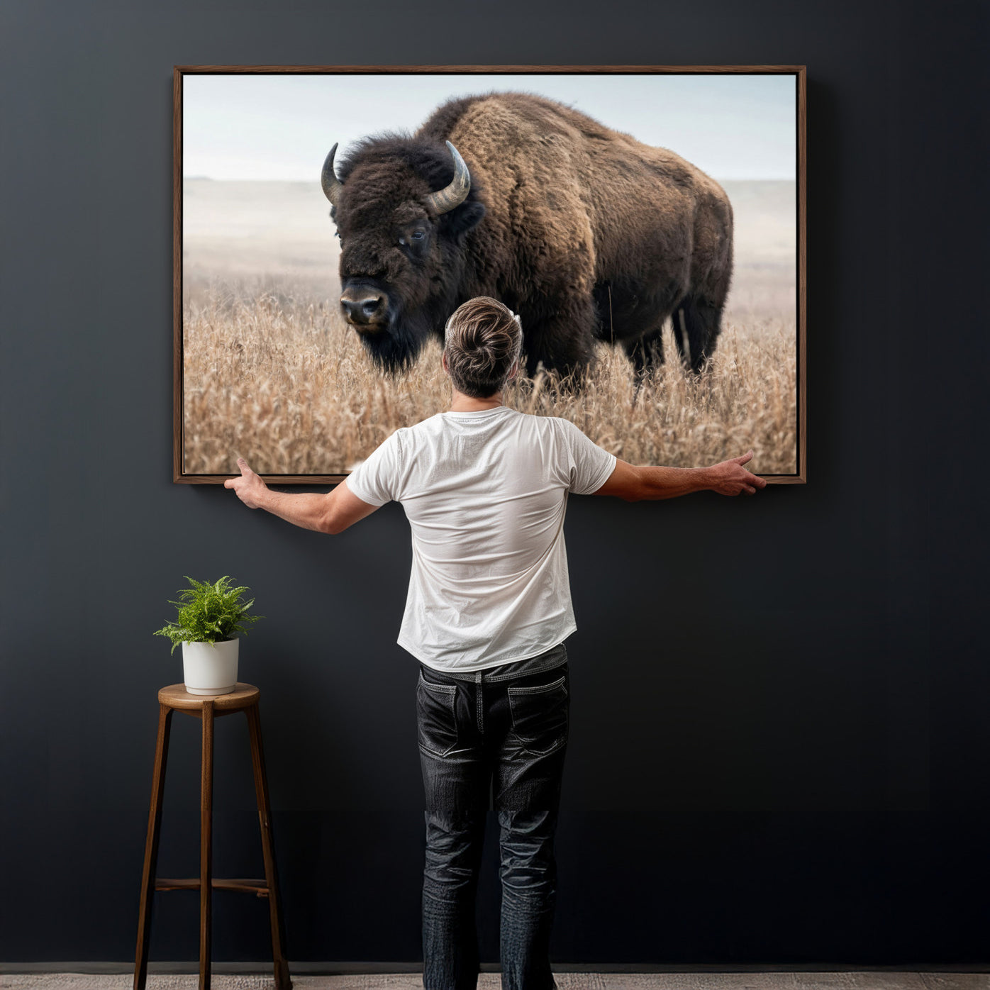 81029583-MGV-CV-36X24 - American Bison in Prairie Field Wall Art Canvas Print - Rustic Wildlife Photography
