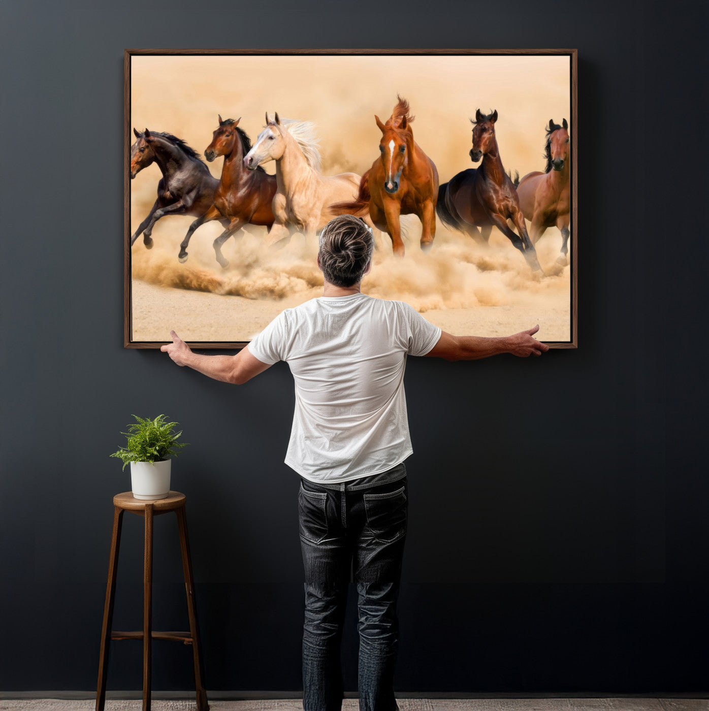90610949-MGV-CV-36X24 - Herd of Six Wild Horses Galloping in Dust Storm Wall Art Canvas Print - Majestic Wildlife Decor