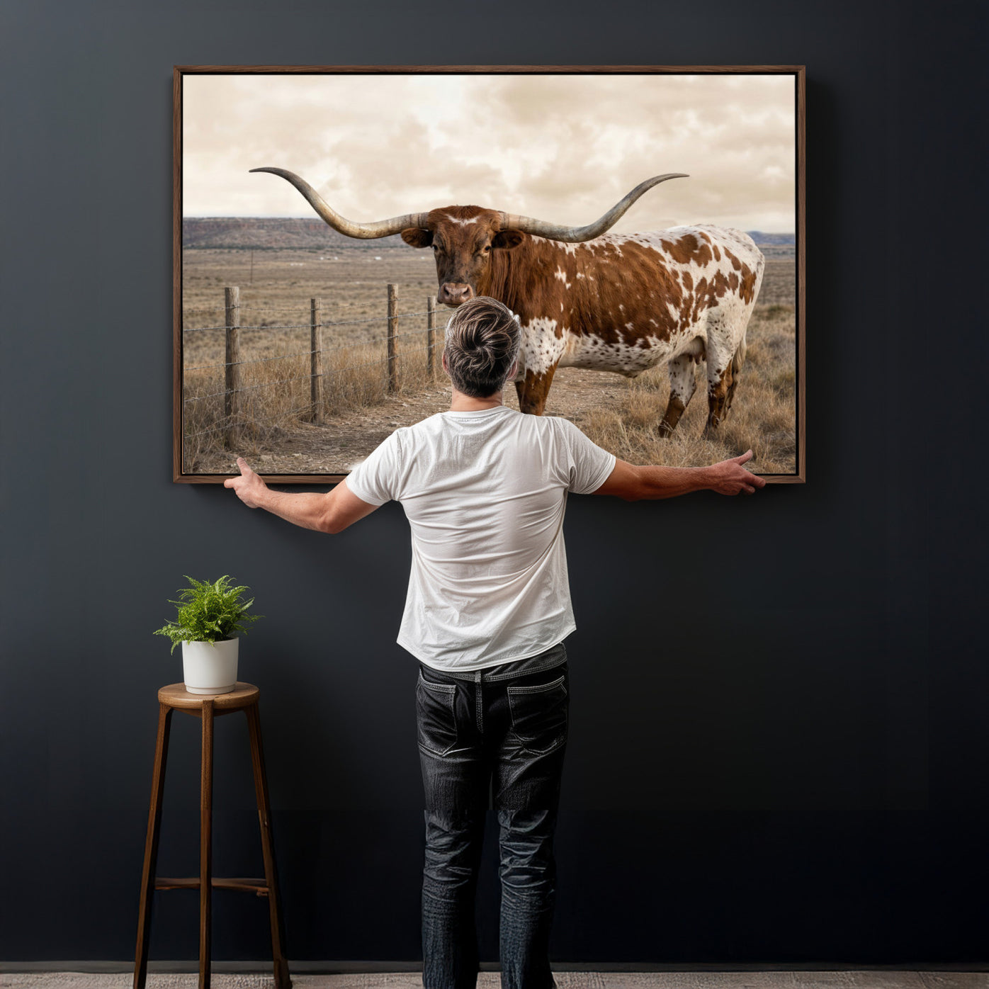 22808364-MGV-CV-36X24 - Texas Longhorn Cattle in Desert Pasture Wall Art Canvas Print - Rustic Western Decor