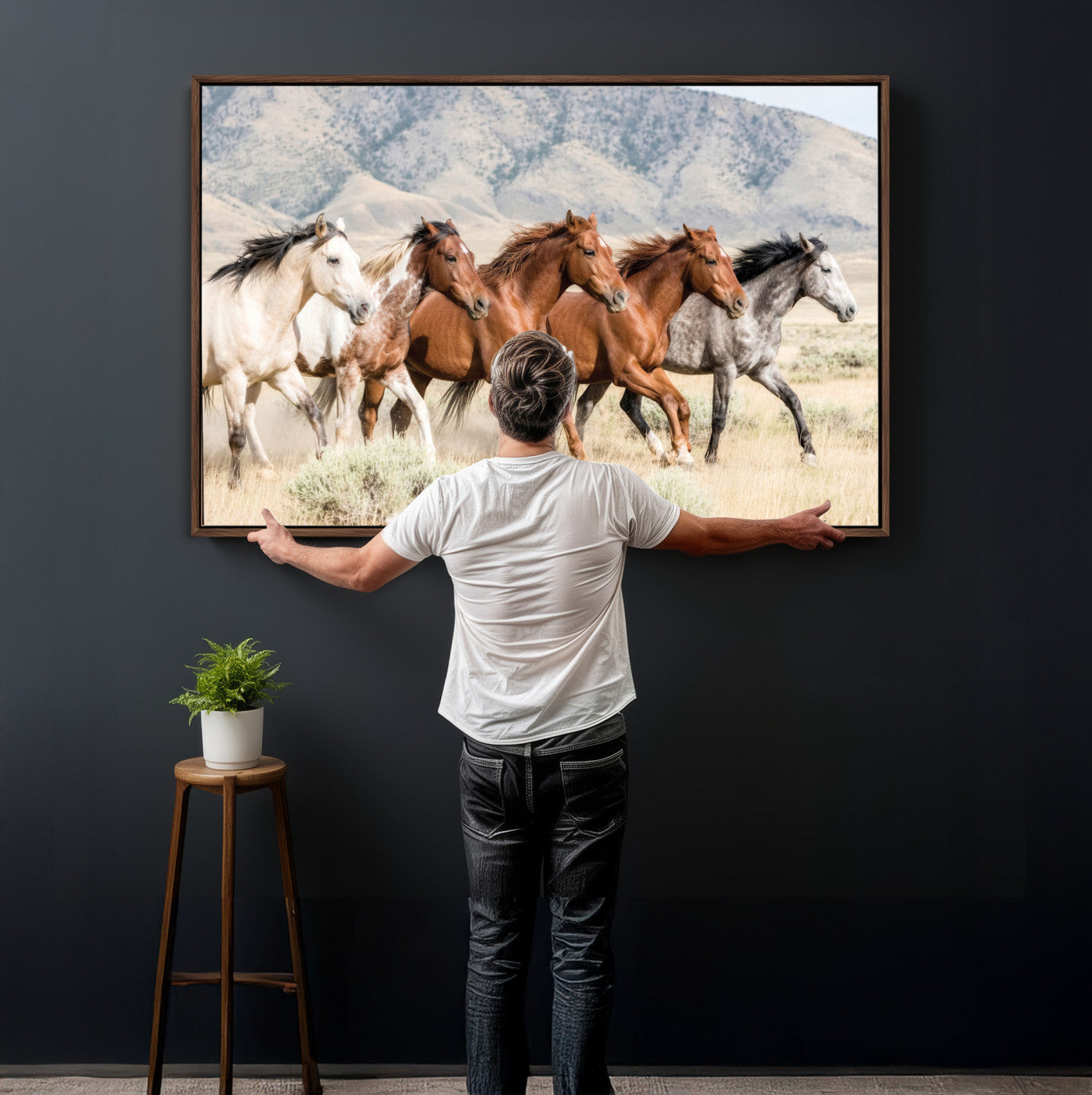 68345893-MGV-CV-36X24 - Five Mustangs Running Wild in Mountain Valley Wall Art Canvas Print - Rustic Western Decor