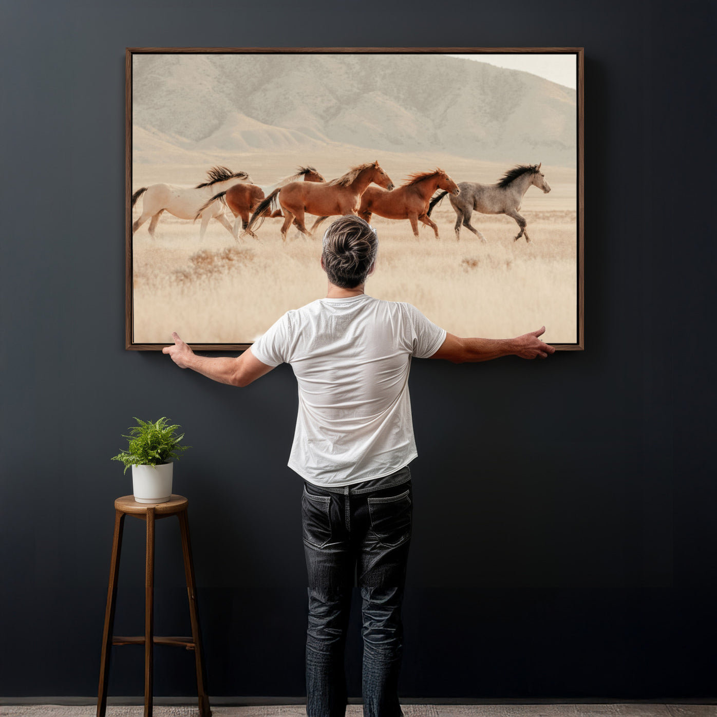 43348446-MGV-CV-36X24 - Herd of Wild Horses Running in Desert Mountain Wall Art Canvas Print - Boho Western Landscape