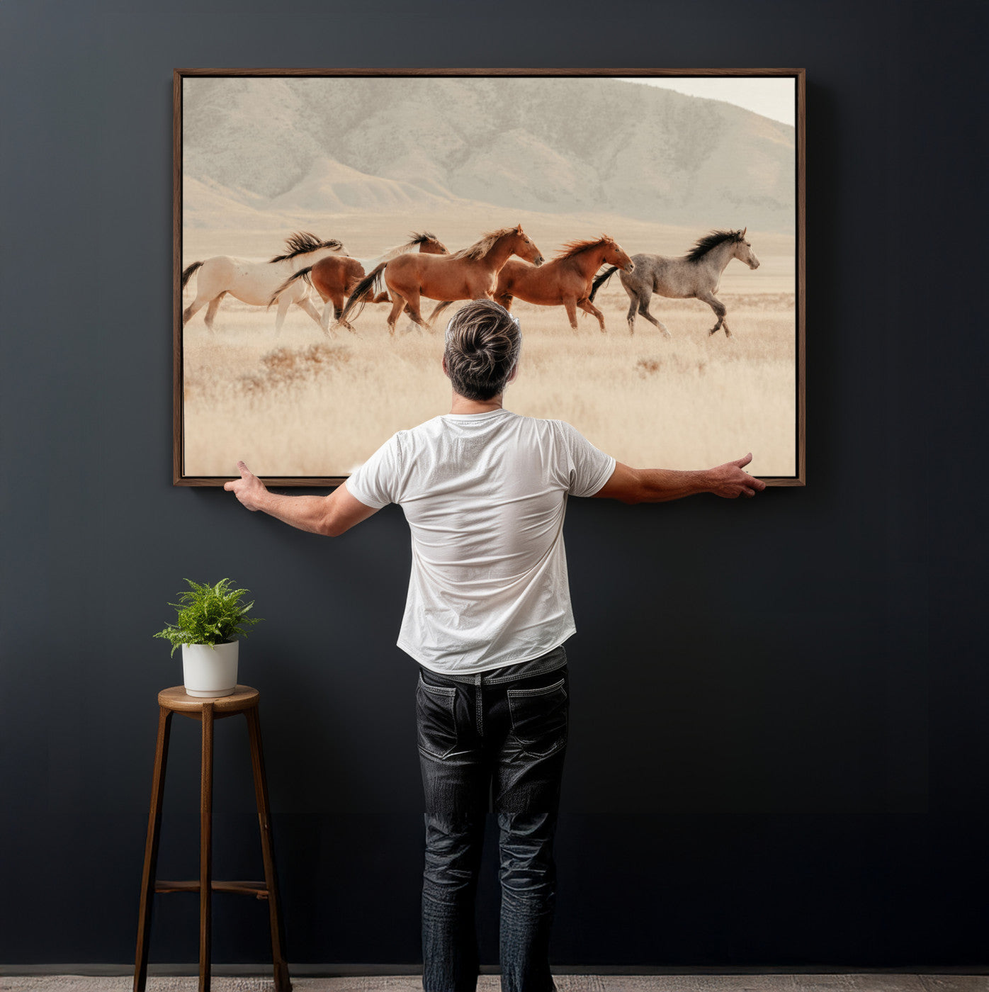 43348446-MGV-CV-36X24 - Herd of Wild Horses Running in Desert Mountain Wall Art Canvas Print - Boho Western Landscape