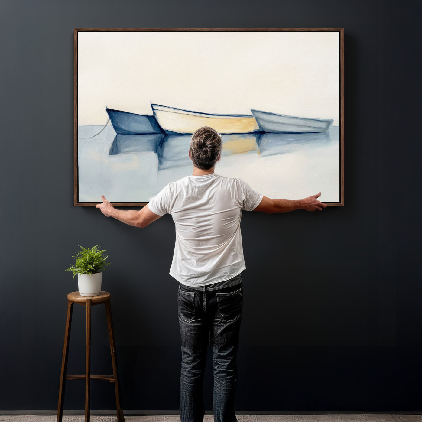84017361-MGV-CV-36X24 - Abstract Three Boats Reflecting on Water Wall Art Canvas Print - Minimalist Coastal Seascape