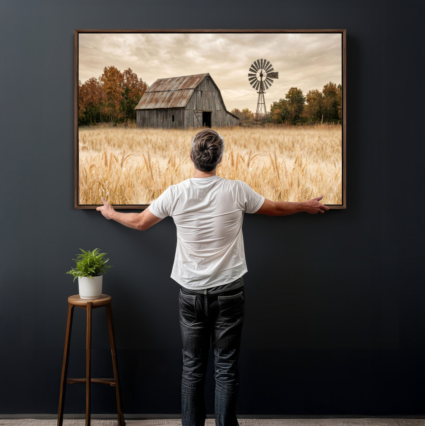 99640659-MGV-CV-36X24 - Rustic Farmhouse Barn and Windmill Wall Art Canvas Print, Country Landscape Photography Print