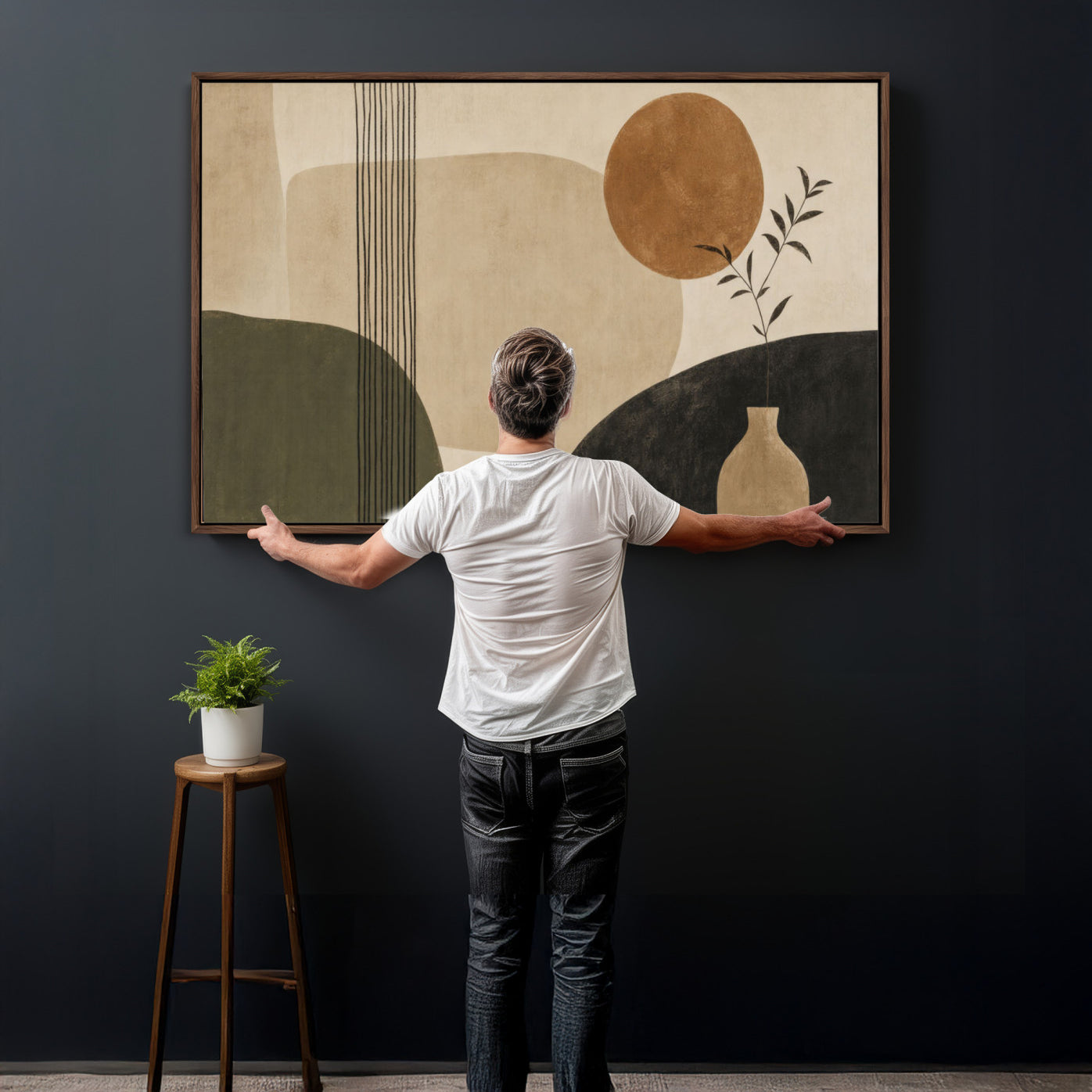 29113684-MGV-CV-36X24 - Japandi Minimalist Abstract Wall Art Canvas Print, Sage Green and Terracotta Sun Botanical Painting Print