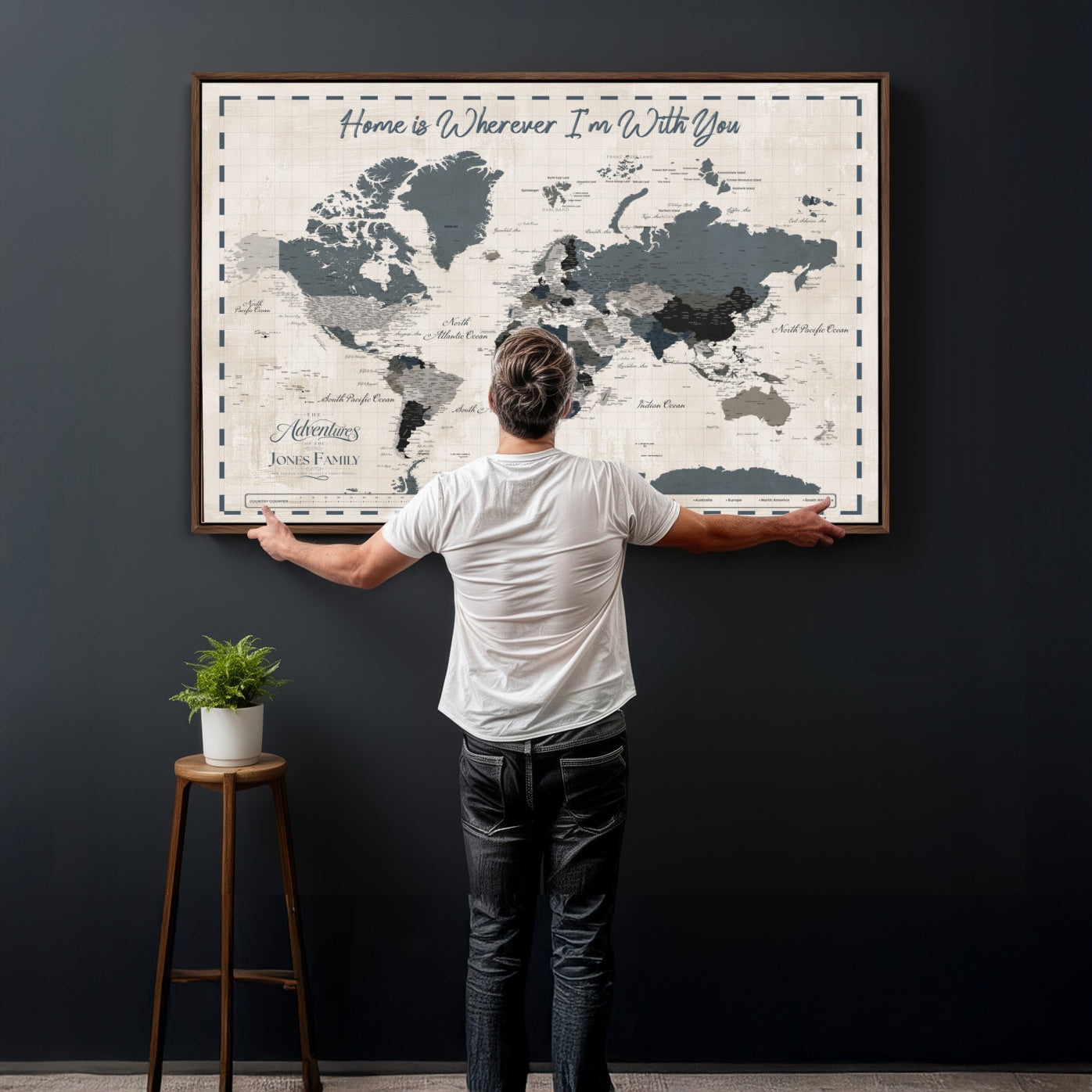 400867164-MGV-CV-36X24 - Framed Blue Custom Push Pin World Map Canvas Print – Personalized Travel Map Wall Art