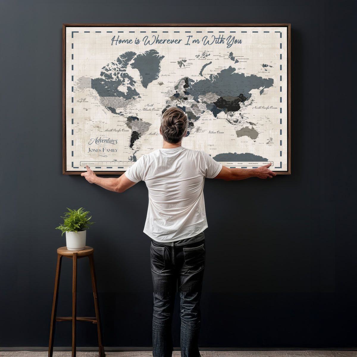 400867164-MGV-CV-36X24 - Framed Blue Custom Push Pin World Map Canvas Print – Personalized Travel Map Wall Art