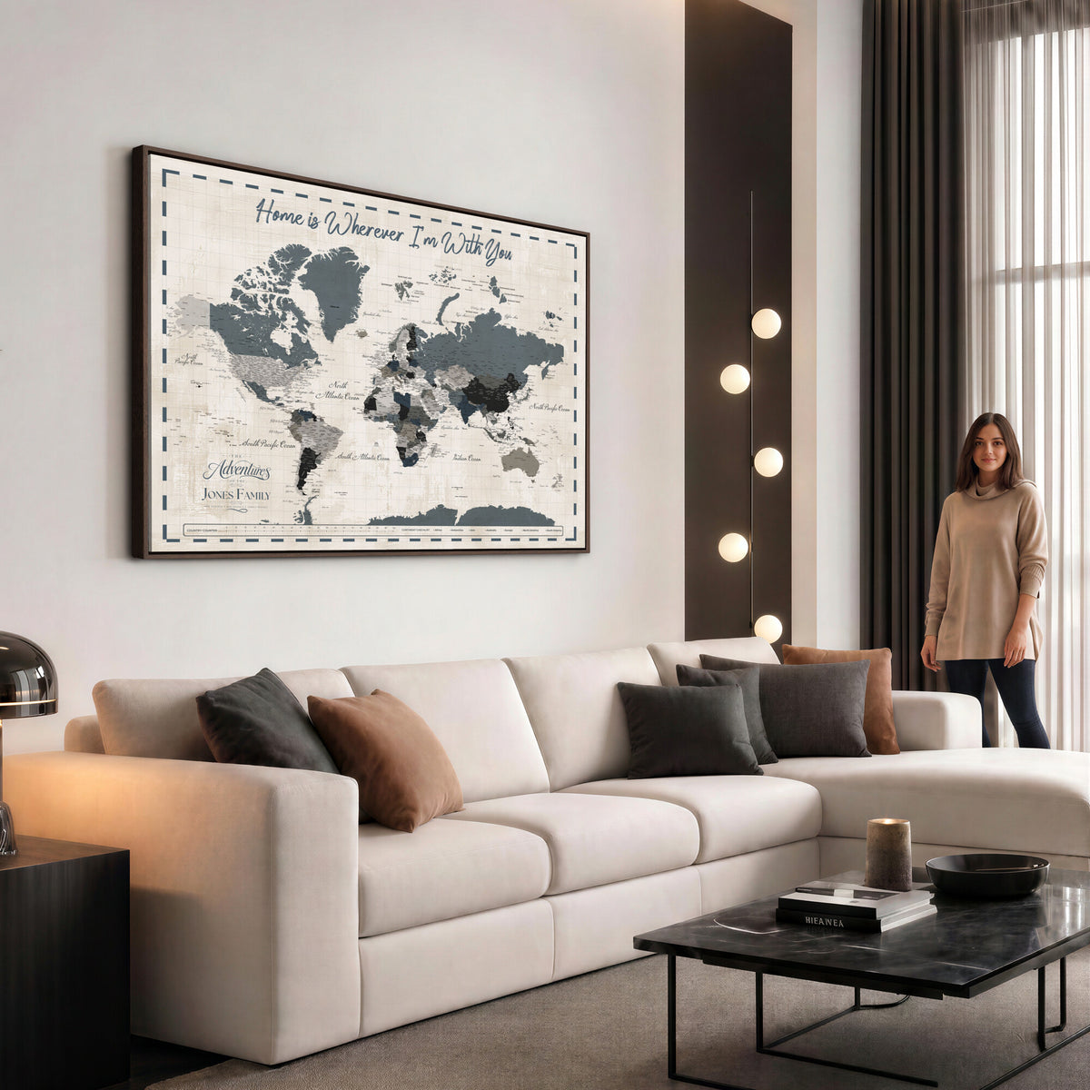 400867164-MGV-CV-36X24 - Framed Blue Custom Push Pin World Map Canvas Print – Personalized Travel Map Wall Art