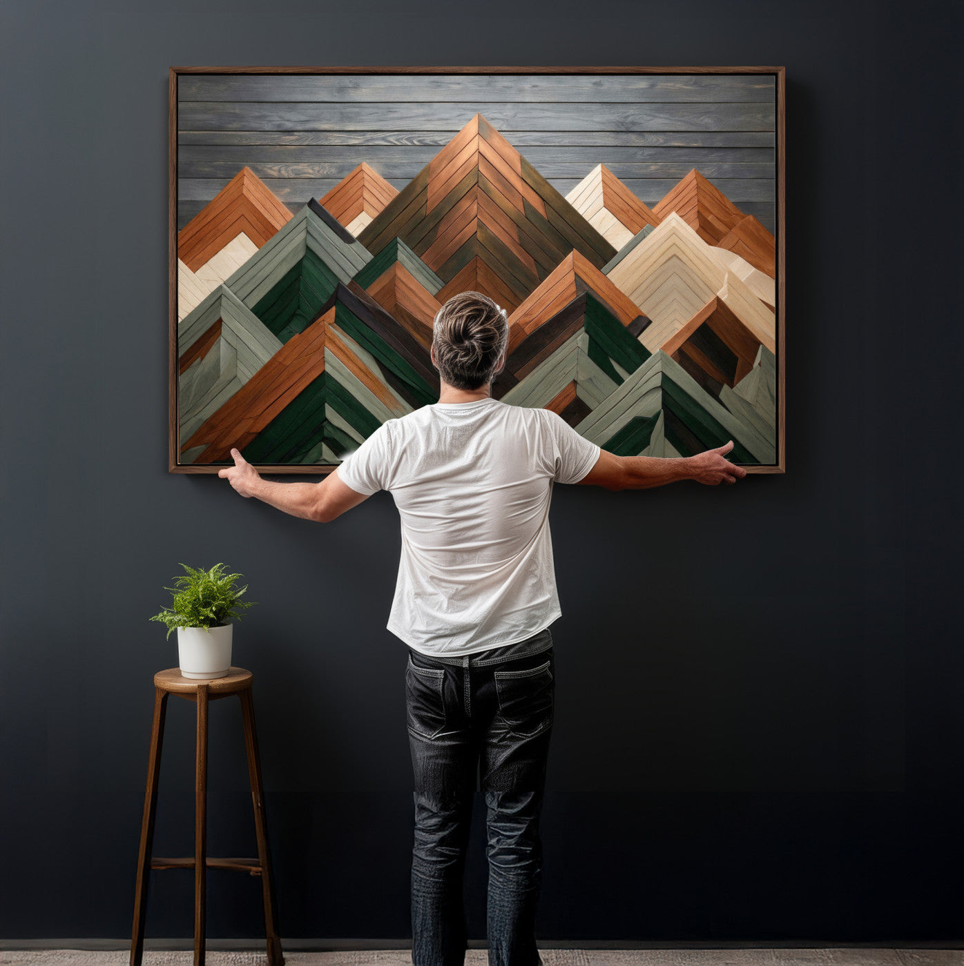 84617347-MGV-CV-36X24 - Geometric Wood Mountain Wall Art Canvas Print, 3D Look Rustic Mosaic Landscape Print